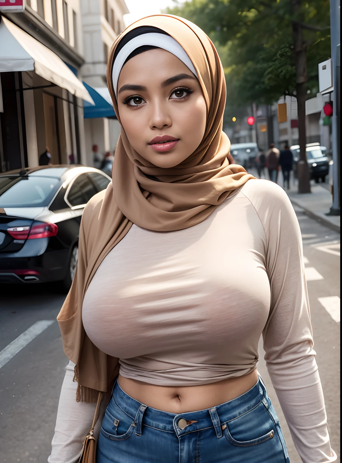 Best quality, high resolution, masterpiece: 1.3), beautiful Malay woman in hijab, big breasts, slim figure, tight t-shirt, wearing light brown jeans, street details and facial and skin textures beautifully rendered, eye details, double eyelids, chest great look,Very detailed,On the road,(bokeh)