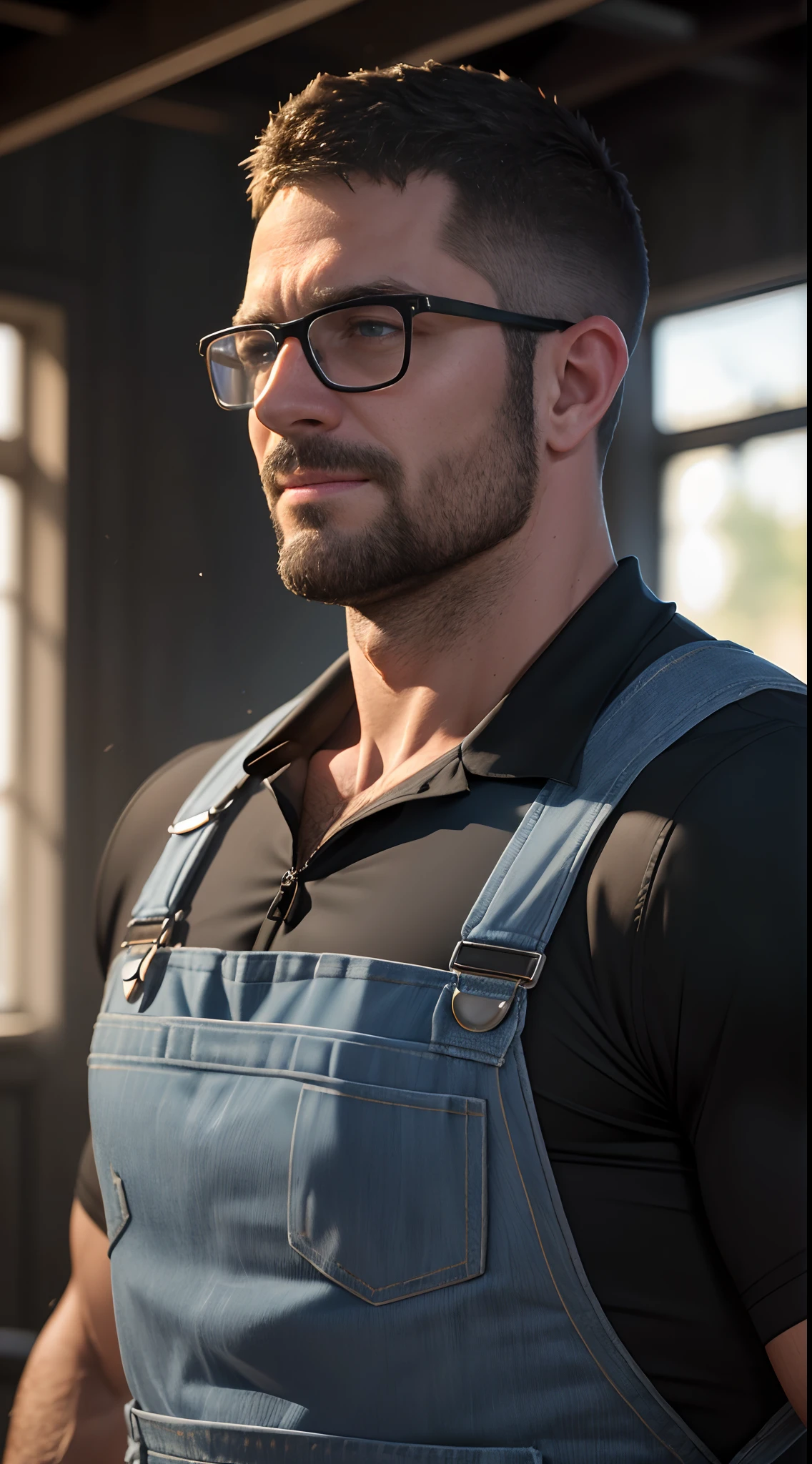 An award-winning original photo,A wild muscular man, (40 years old daddy:1.1), 1boy, Solo, (blue overalls), (black poloshirt), (big shoulders), musculature, stubbles, Short beard, Beautiful eyes:1.3, ), (Detailed face:1.3), wearing glasses, smiles, Dynamic Angle, volumetric lighting, (Best quality, A high resolution, Photorealistic), Cinematic lighting, Masterpiece, RAW photo, Intricate details, hdr, depth of field