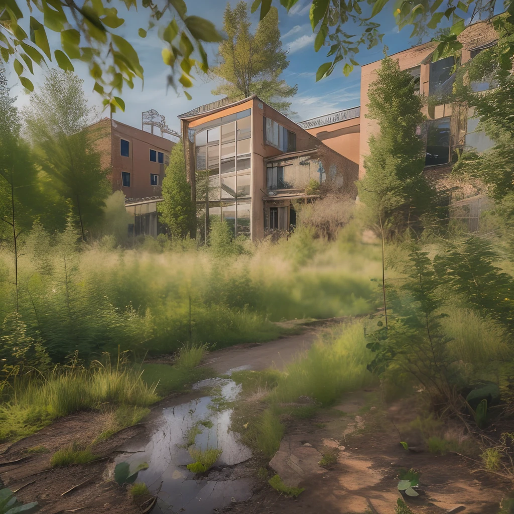 Old factory, Abandoned factory, letho, grass, Clear skies, cirrus clouds, Old trees, dense shrub, Broken glass, Garbage on the ground, Bushes are everywhere, A lot of bushes, Birch forest