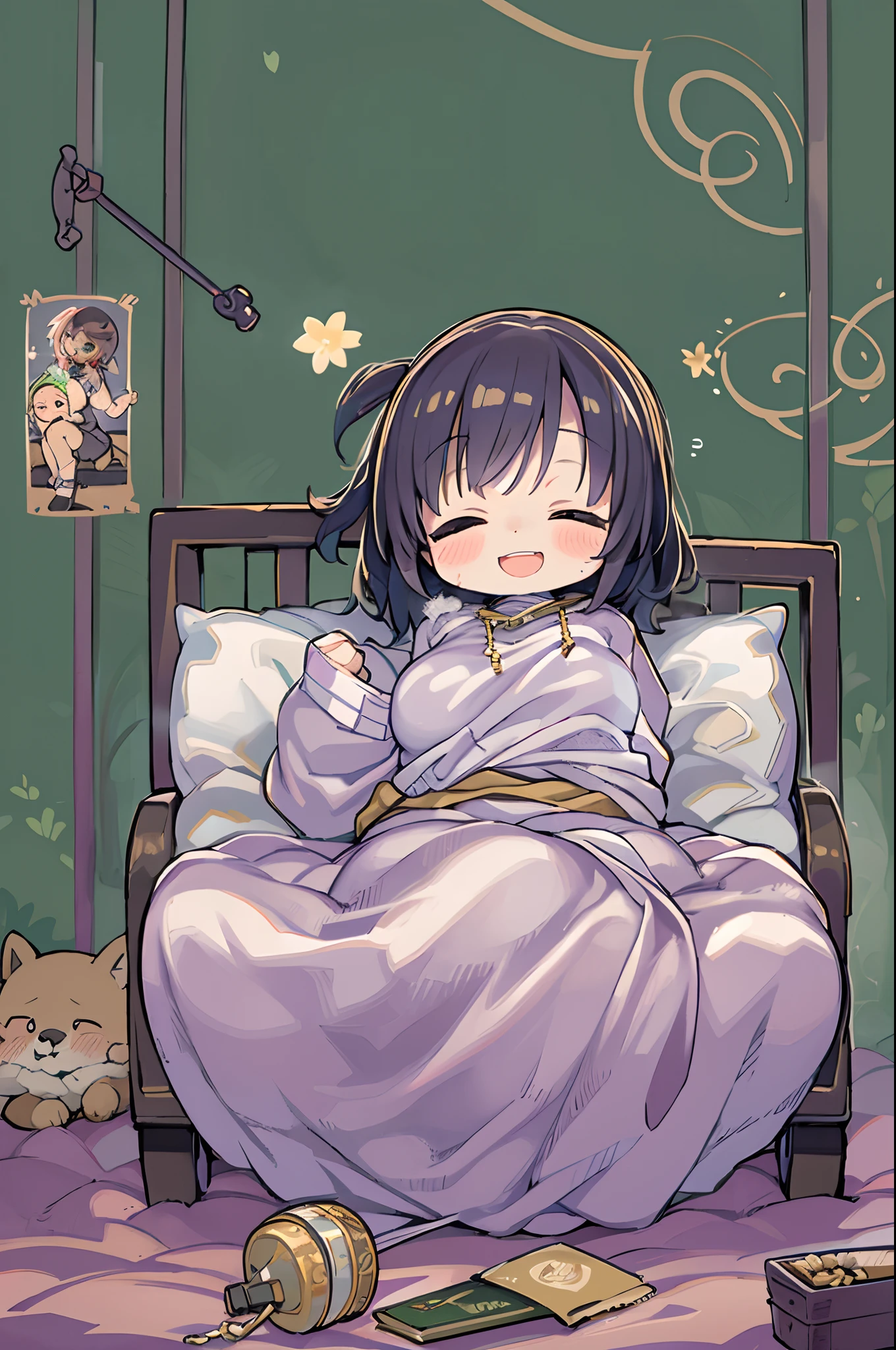 masutepiece, Best Quality, 1 girl, Solo, effect, Dark background, Sleeping in bed with a happy face,Chibi,Wrapped in a futon