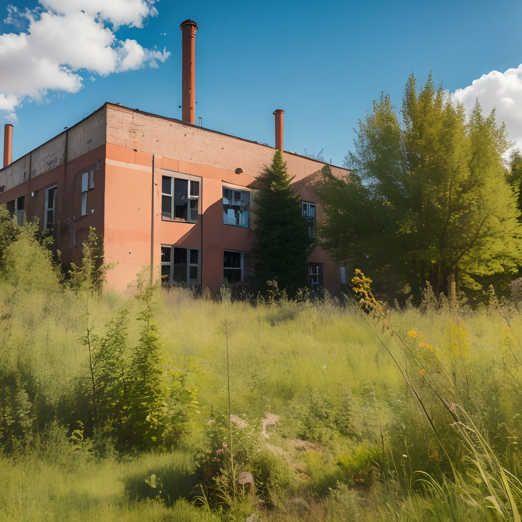 Old factory, Abandoned factory, letho, grass, Clear skies, cirrus clouds, Old trees, dense shrub, Broken glass, Garbage on the ground, Bushes are everywhere, A lot of bushes, Birch forest