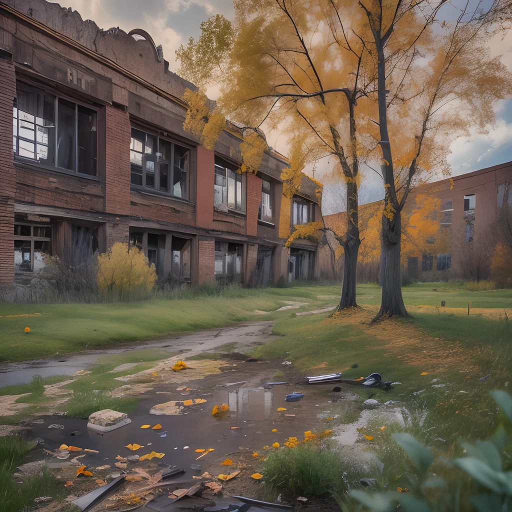 Old factory, Abandoned factory, autumn, withered grass, Clear skies, cirrus clouds, Old trees, dense shrub, Broken glass, Garbage on the ground, springtime, puddles, withered trees, A clear day, Blurry clouds