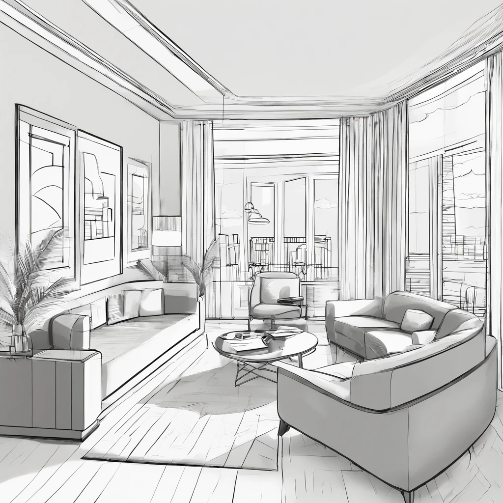 Small living room、The right perspective、Line drawing、Outline、Medium omission、Drone、Grayscale