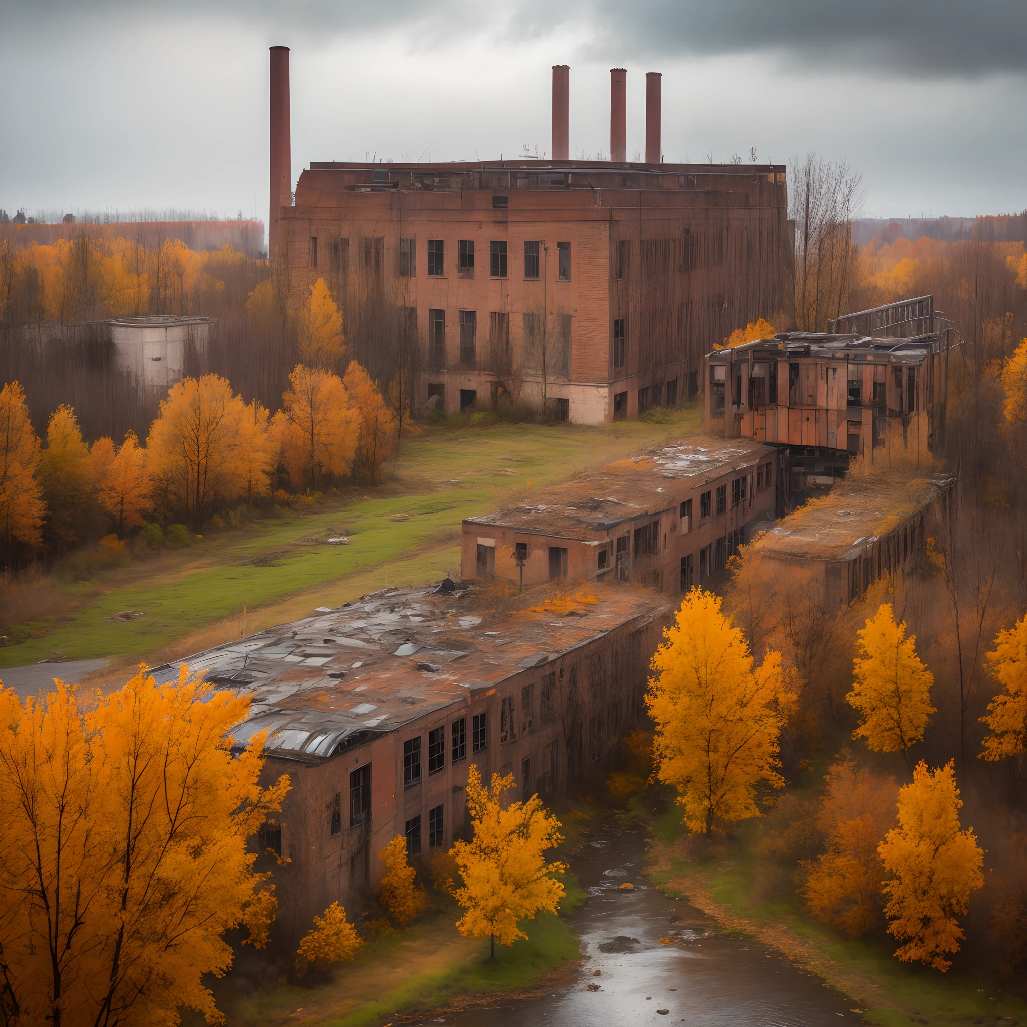 Old factory, Abandoned factory, autumn, withered grass, grey sky, Old trees, dense shrub