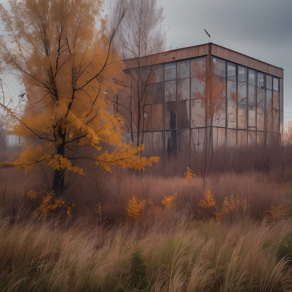 Old factory, Abandoned factory, autumn, withered grass, grey sky, Old trees, dense shrub