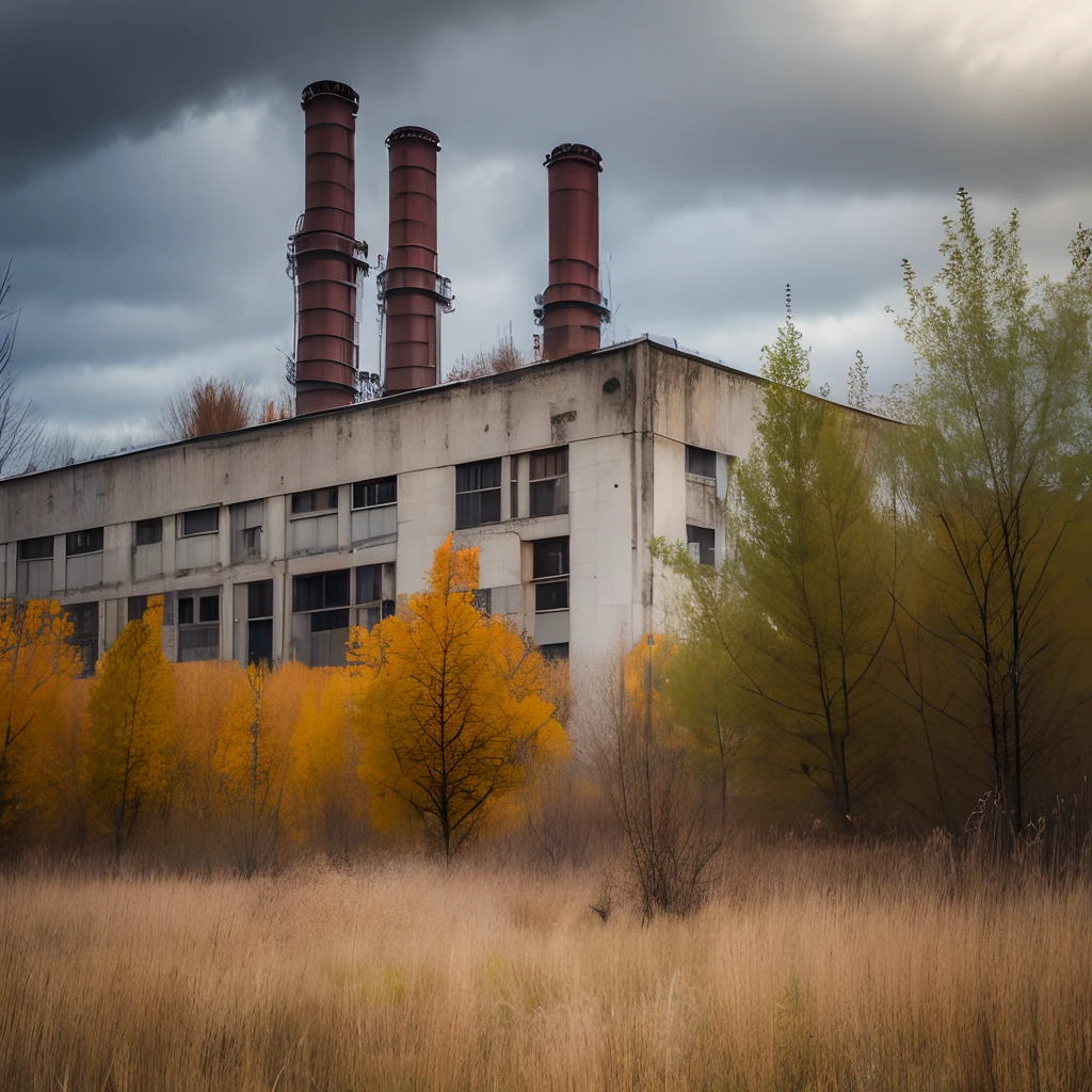 Old factory, Abandoned factory, autumn, withered grass, grey sky, Old trees, dense shrub