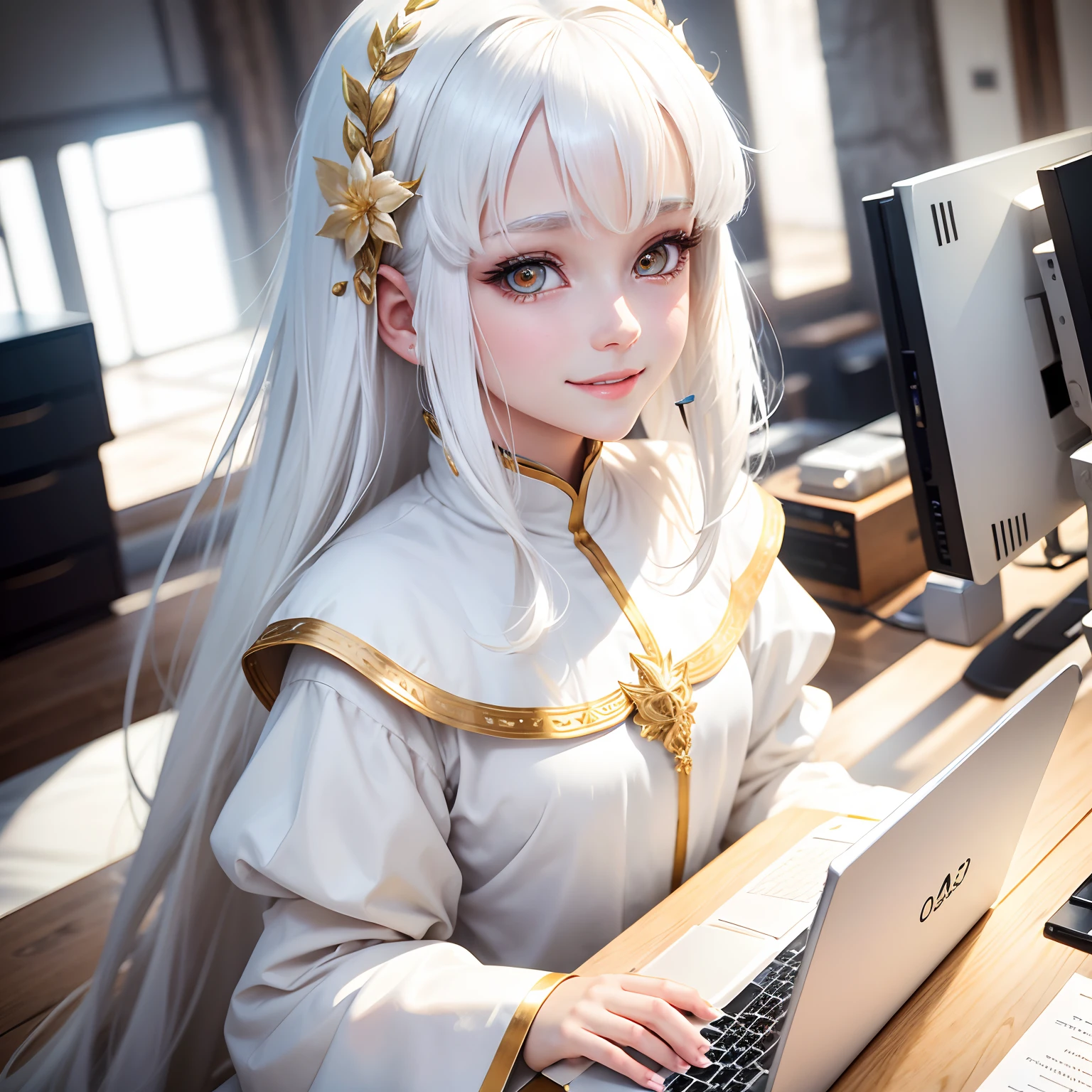 best quality, white hair, gold eyes, white clothes, looking up, upper body, hair strand, Fair skin, smiling, personal computer