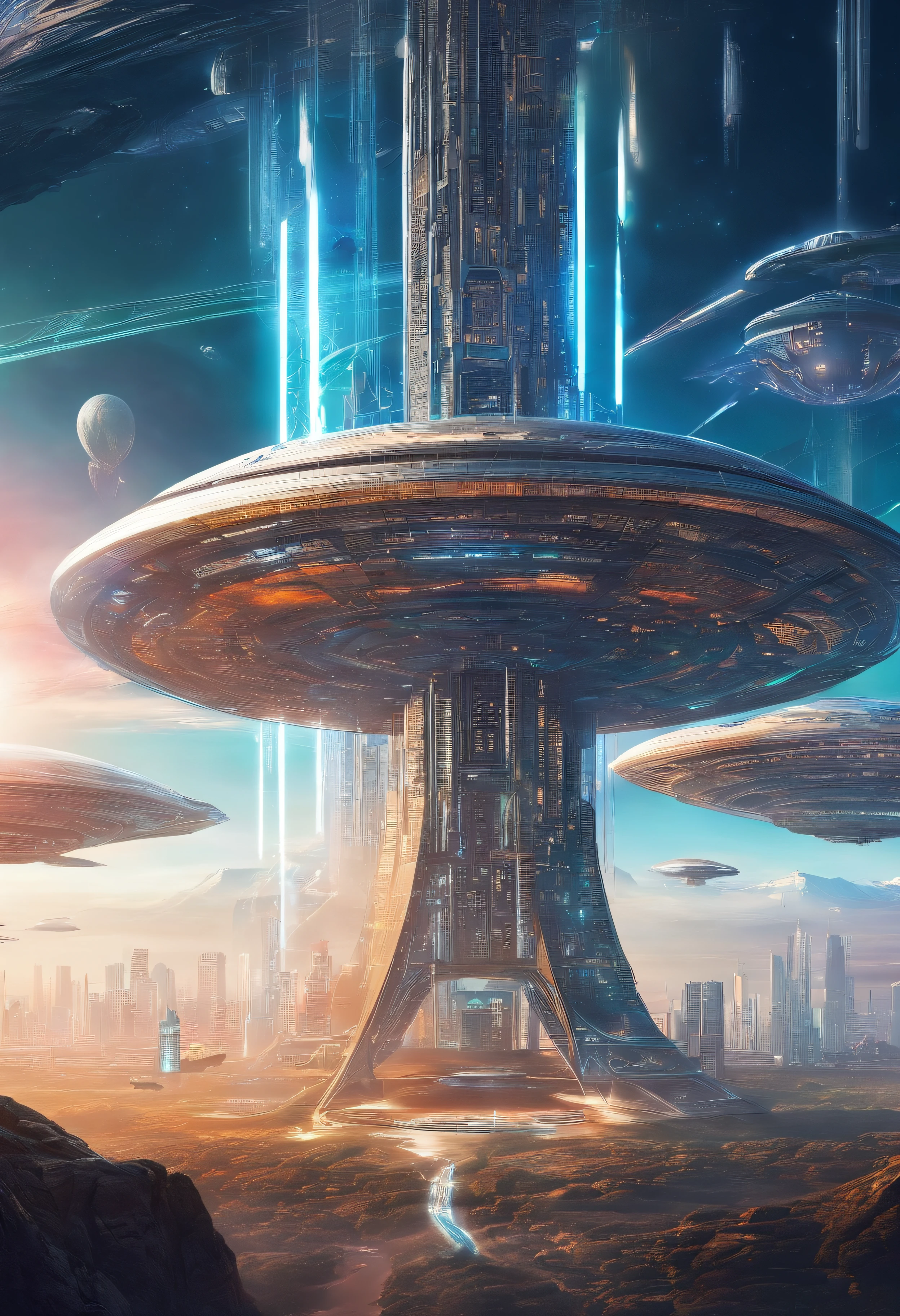 scientific and technological and futuristic technocratic world, huge tower in the sky