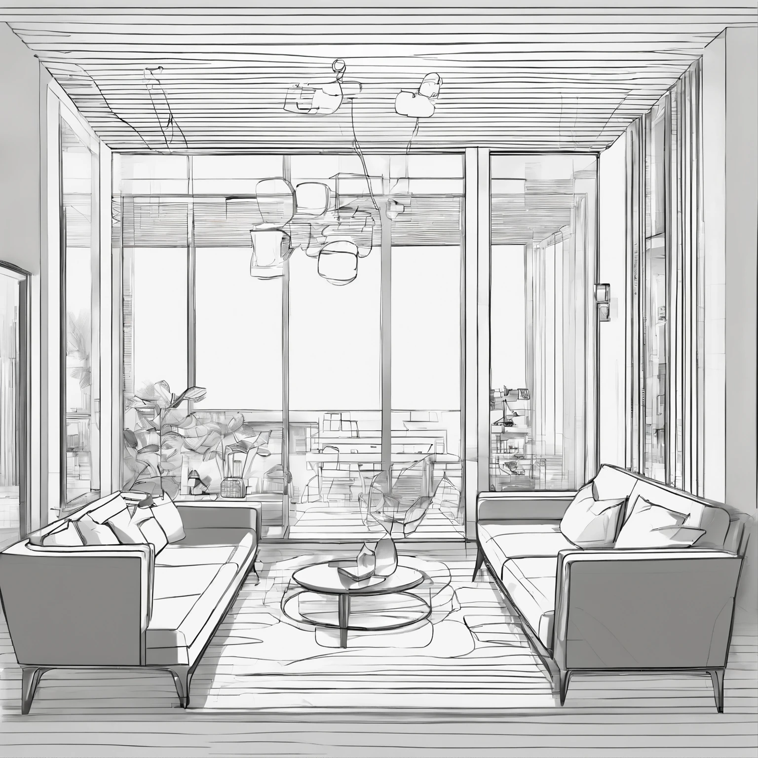 Small living room、The right perspective、Line drawing、Outline、Medium omission、Drone、Grayscale