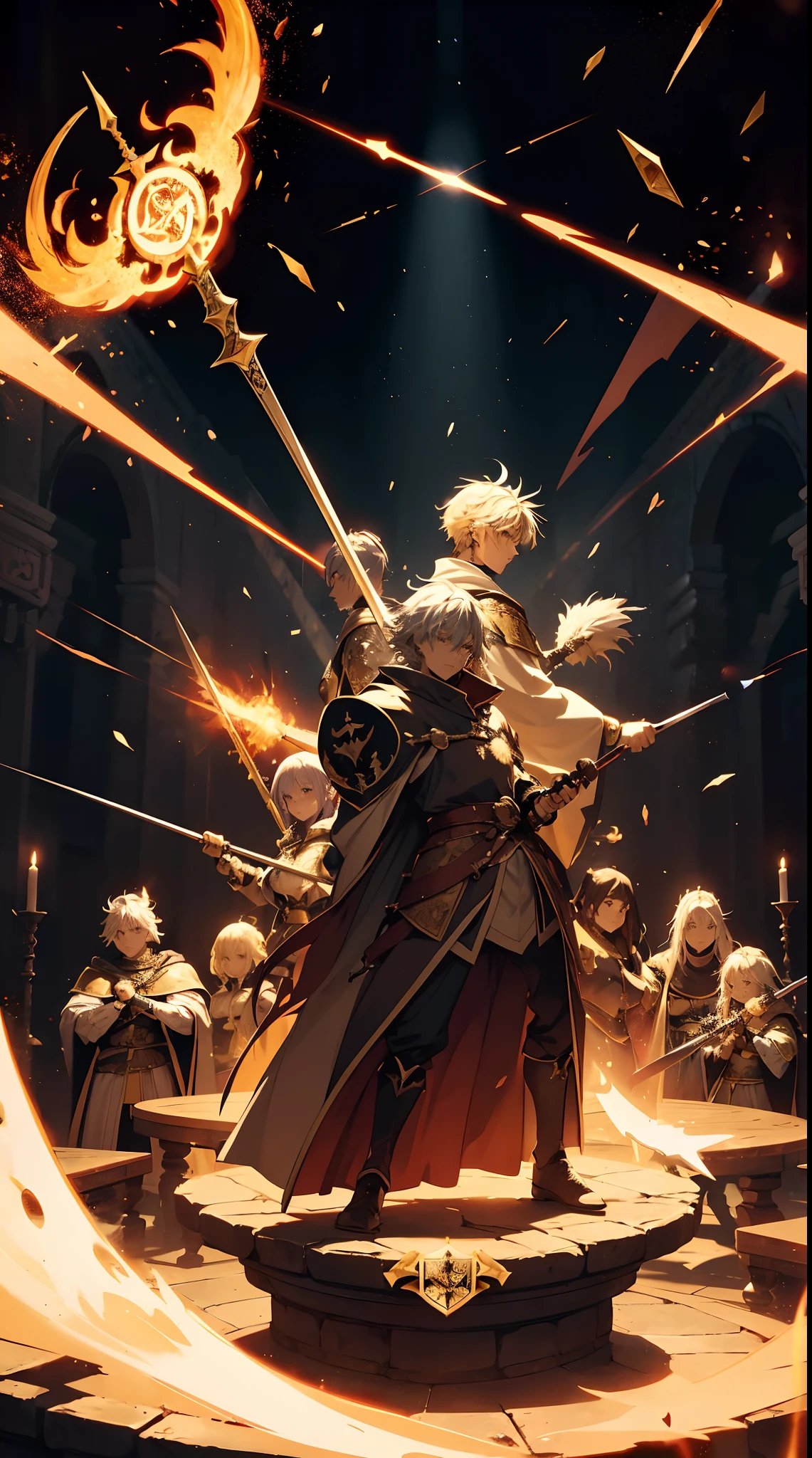 10 knights of the round table are holding their swords facing upwards, they are standing in front of the round table, the round table has a fire dragon aura effect symbol, King Arthur with colored hair Yellow is holding a white flag with a dragon symbol, the background is in a kingdom with a round table.dark atmosphere with bright particle light