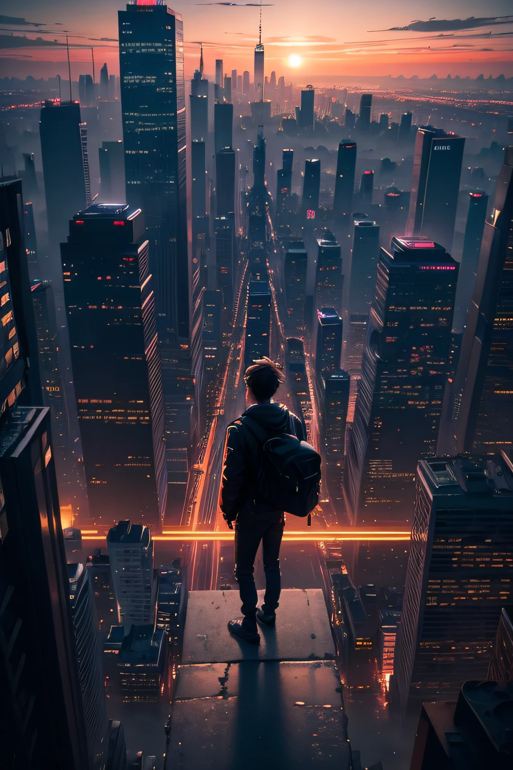 (busy city,bustling atmosphere,silhouette of a teenage boy at the top of a building looking down at the street),dusk,neon lights,high-rise buildings,twinkling cityscape,energetic pedestrians,rushing traffic,vibrant colors,urban metropolis,hustle and bustle,modern architecture,skyscrapers,city lights,asphalt roads,flickering street lamps,urban soundscape,blurred motion of cars and people,urban sprawl,city at night,nightlife,teenager's contemplative stance,isolated figure,loneliness in the crowd,ethereal atmosphere,mysterious aura,reflection of city lights on the windows,warm glow of the setting sun,exciting energy,imposing shadows,towering skyscrapers,rebellious spirit,expansive city view,vivid vitality,metropolitan dreamscape,urban exploration,romanticized chaos,captivating skyline,anonymous faces,concrete jungle,raw emotions,inspiring heights,clenched fists,hazy skyline,endless possibilities.