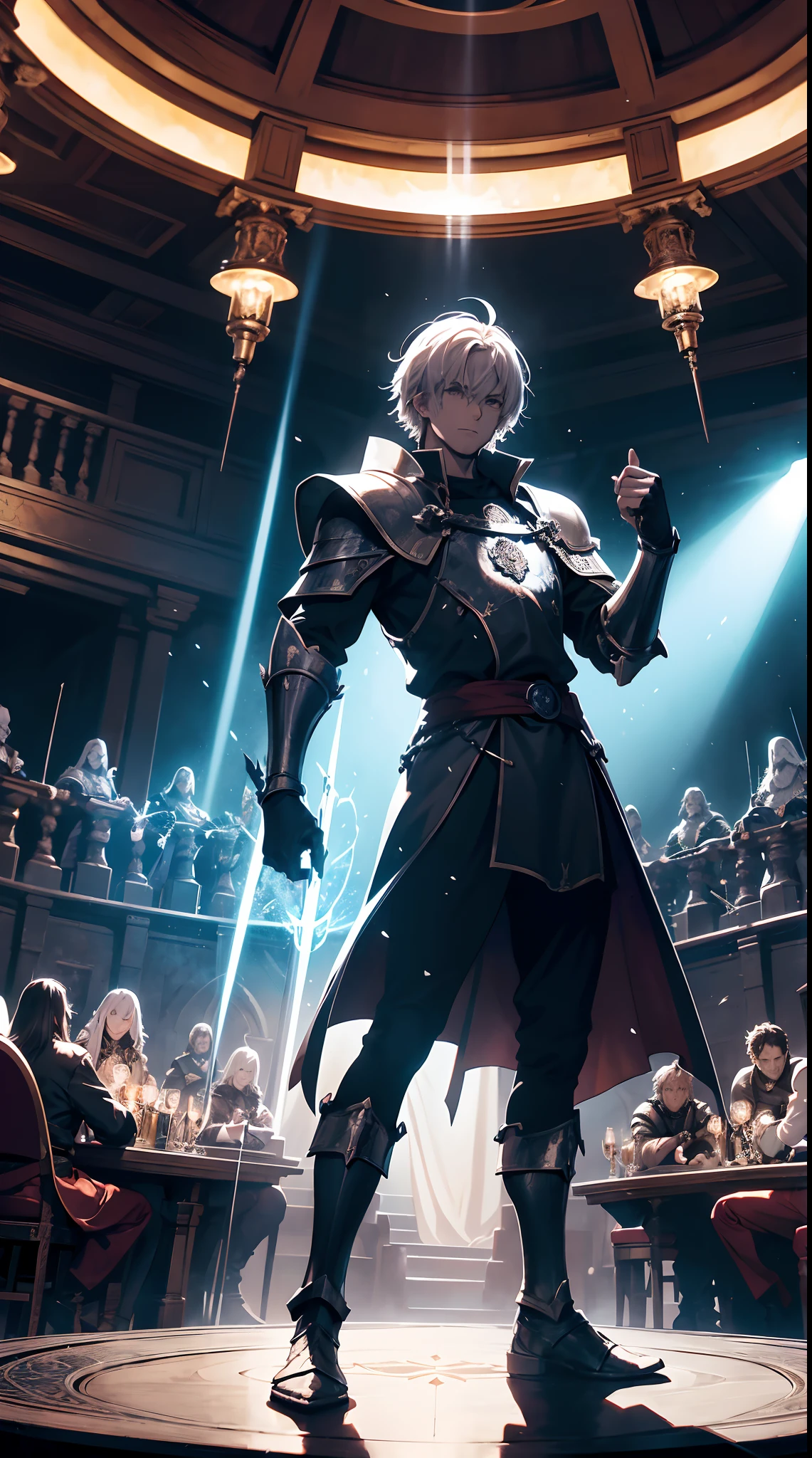 10 knights of the round table are holding their swords facing upwards, they are standing in front of the round table, the round table has a fire dragon aura effect symbol, the background is in a kingdom with a round table.hd light and dark, balance rendering, dark atmosphere with bright particle light