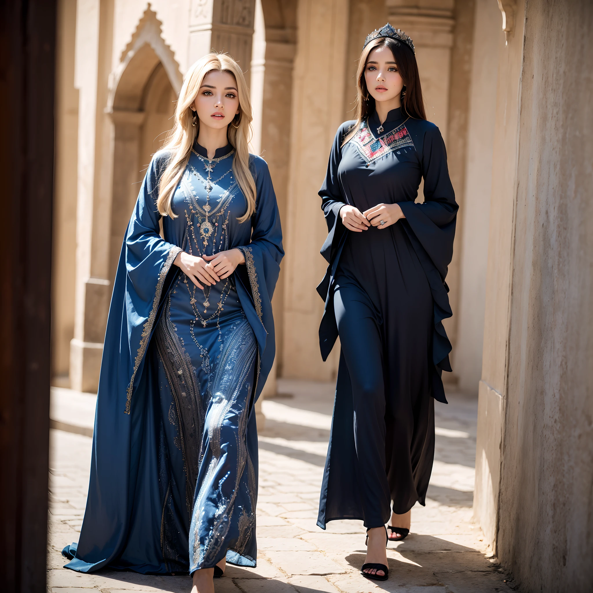 Best quality, Masterpiece, ultra highres, (photoreallistic:1.4), Photo brute, 1fille, cheveux blonds, yeux bleus, Detailed eyes and face, costume noir, dinamic lighting, Dans le noir, ombre profonde, Wear a respectable Moroccan caftan different types of design colors outfit caftan blue and red full cover whole body Islamic caftan portrait zoom full caftan outfit