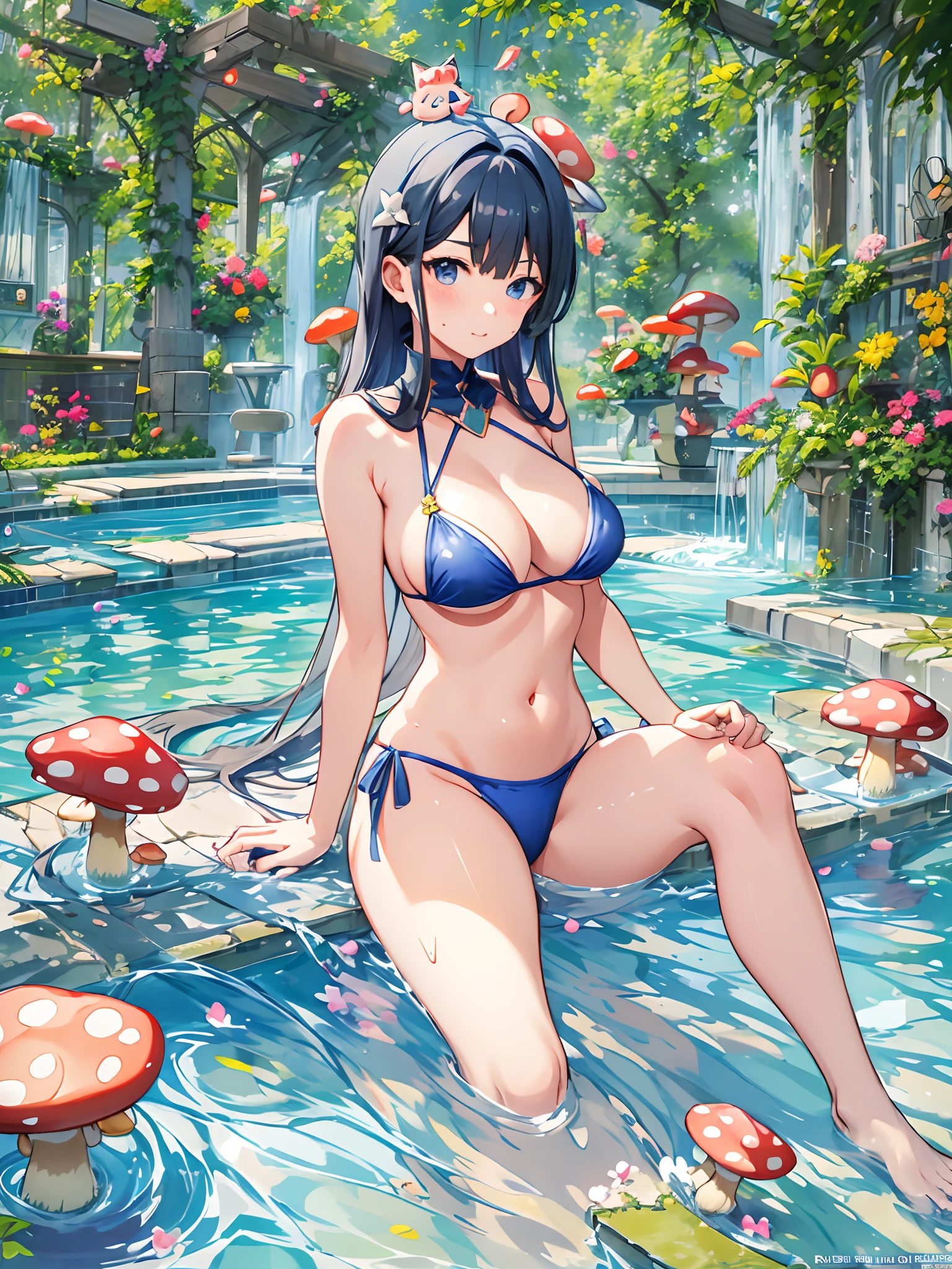 (mushroom on head:1.3), (embarrassed:1.3), anime girl in a bikini sitting in a pool with mushrooms, top rated on pixiv, splash art anime loli, wallpaper anime blue water, trending on artstation pixiv, pixiv, loli, by Shitao, rem rezero, pixiv contest winner, at pixiv, beautiful fantasy anime, clean detailed anime art, high detailed official artwork