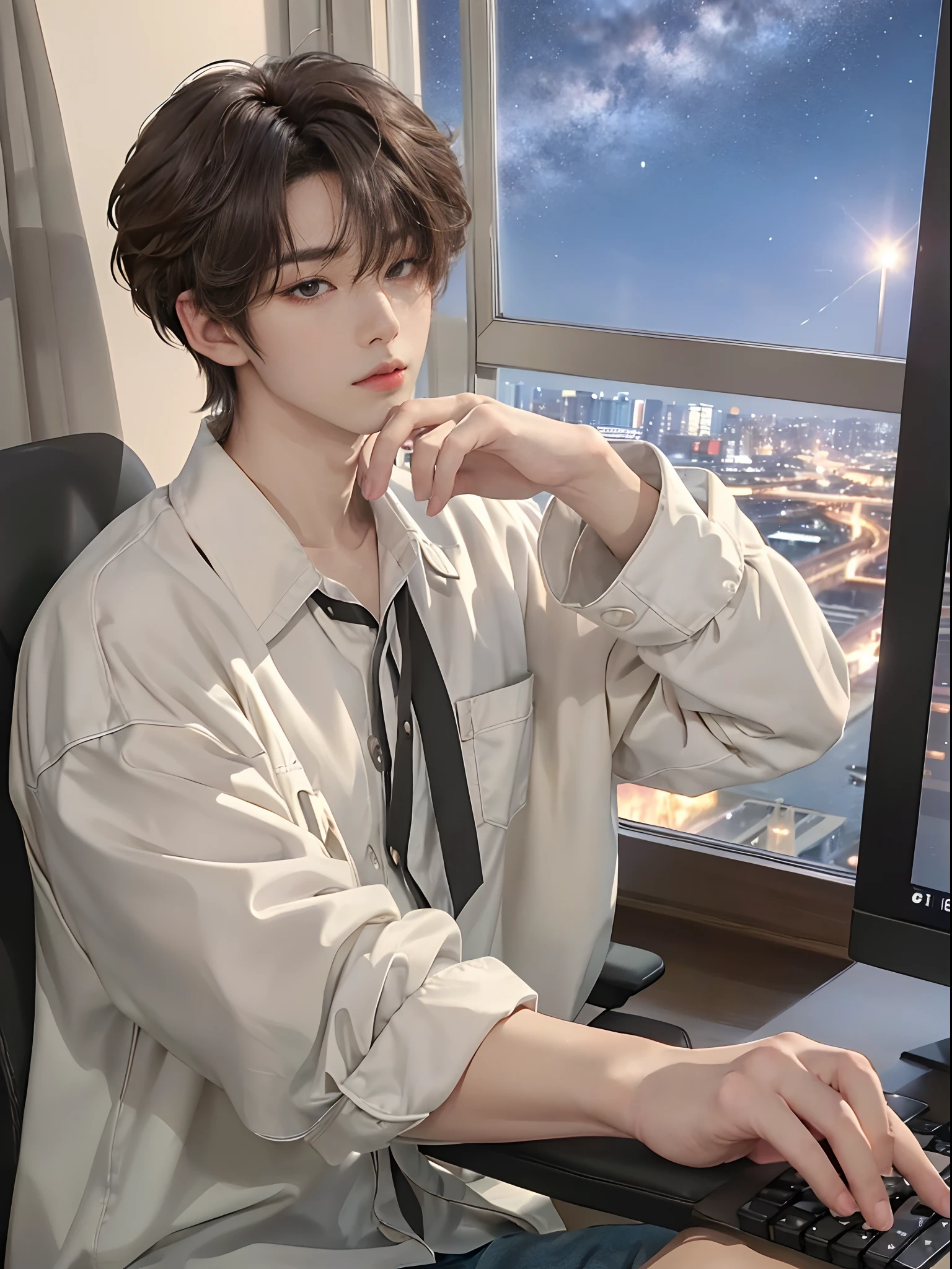 ((4K))、​masterpiece、（top-quality)、((high-level image quality))、One Manly Boy、((Fashionable men's personal clothes))、(Detailed beautiful eyes)、Stylish homeroom at night with a view of the night sky from the window、Take a selfie while sitting in a gaming chair in front of your PC、Face similar to Chaewon in Ruseraphim、((short hair above the ears))、((Smaller face))、((Neutral face))、((Light brown eyes))、((Korean boy))、((18year old))、((Handsome man))、((Wild look))、((Korean Makeup))、((elongated and sharp eyes))、((During game streaming))、((Upper body photography))、((Bringing our faces closer to us))