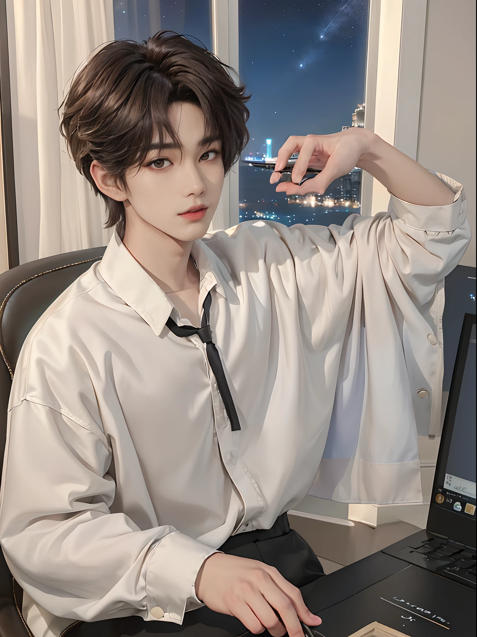 ((4K))、masterpiece、(top-quality)、((high-level image quality))、One Manly Boy、((Fashionable men's personal clothes))、(Detailed beautiful eyes)、Stylish homeroom at night with a view of the night sky from the window、Take a selfie while sitting in a gaming chair in front of your PC、Face similar to Chaewon in Ruseraphim、((short hair above the ears))、((Smaller face))、((Neutral face))、((Light brown eyes))、((Korean boy))、((18year old))、((Handsome man))、((Wild look))、((Korean Makeup))、((elongated and sharp eyes))、((During game streaming))、((Upper body photography))、((Bringing our faces closer to us))
