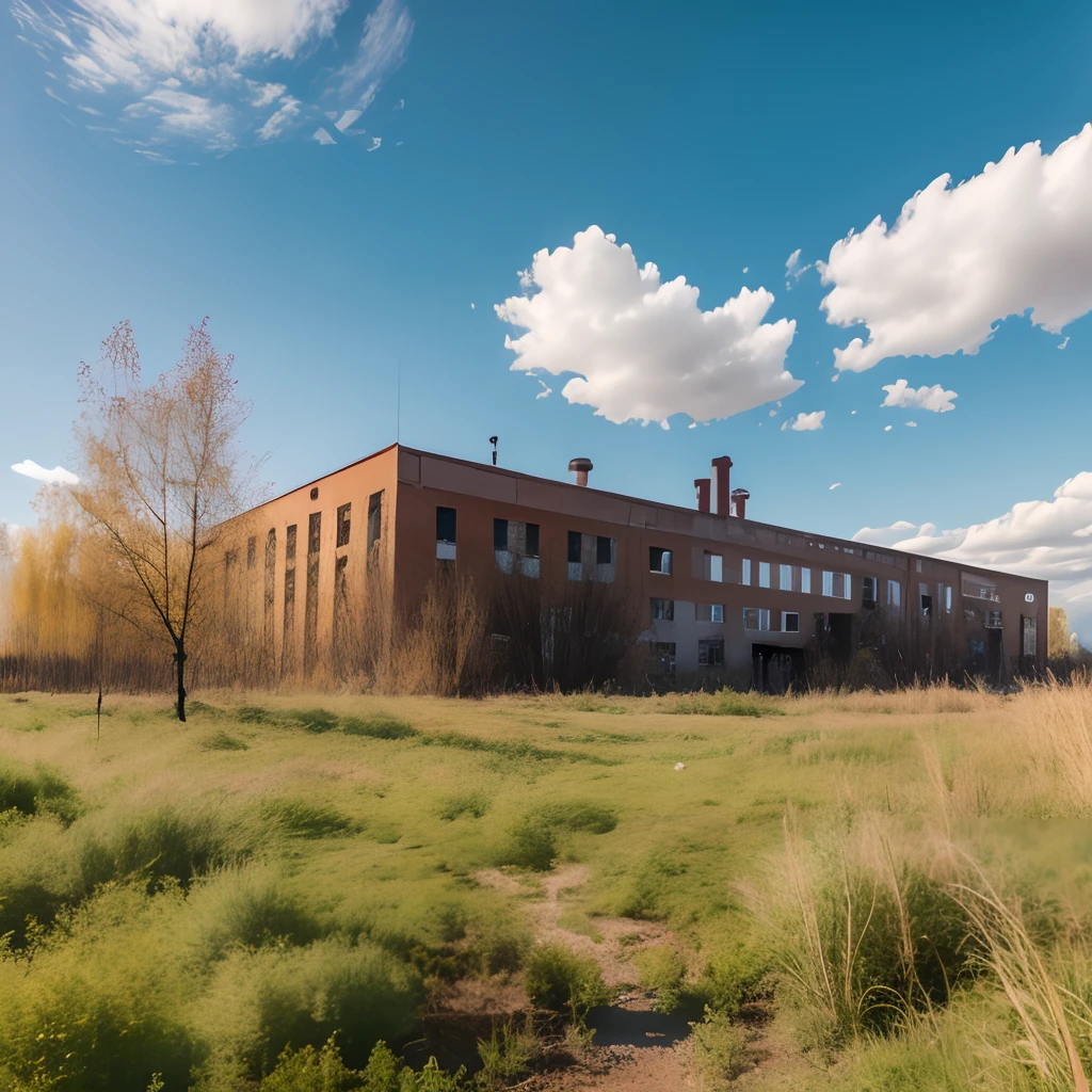 Old factory, Abandoned factory, letho, grass, Clear skies, cirrus clouds, Old trees, dense shrub, Broken glass, Garbage on the ground, Bushes are everywhere, A lot of bushes, Birch forest