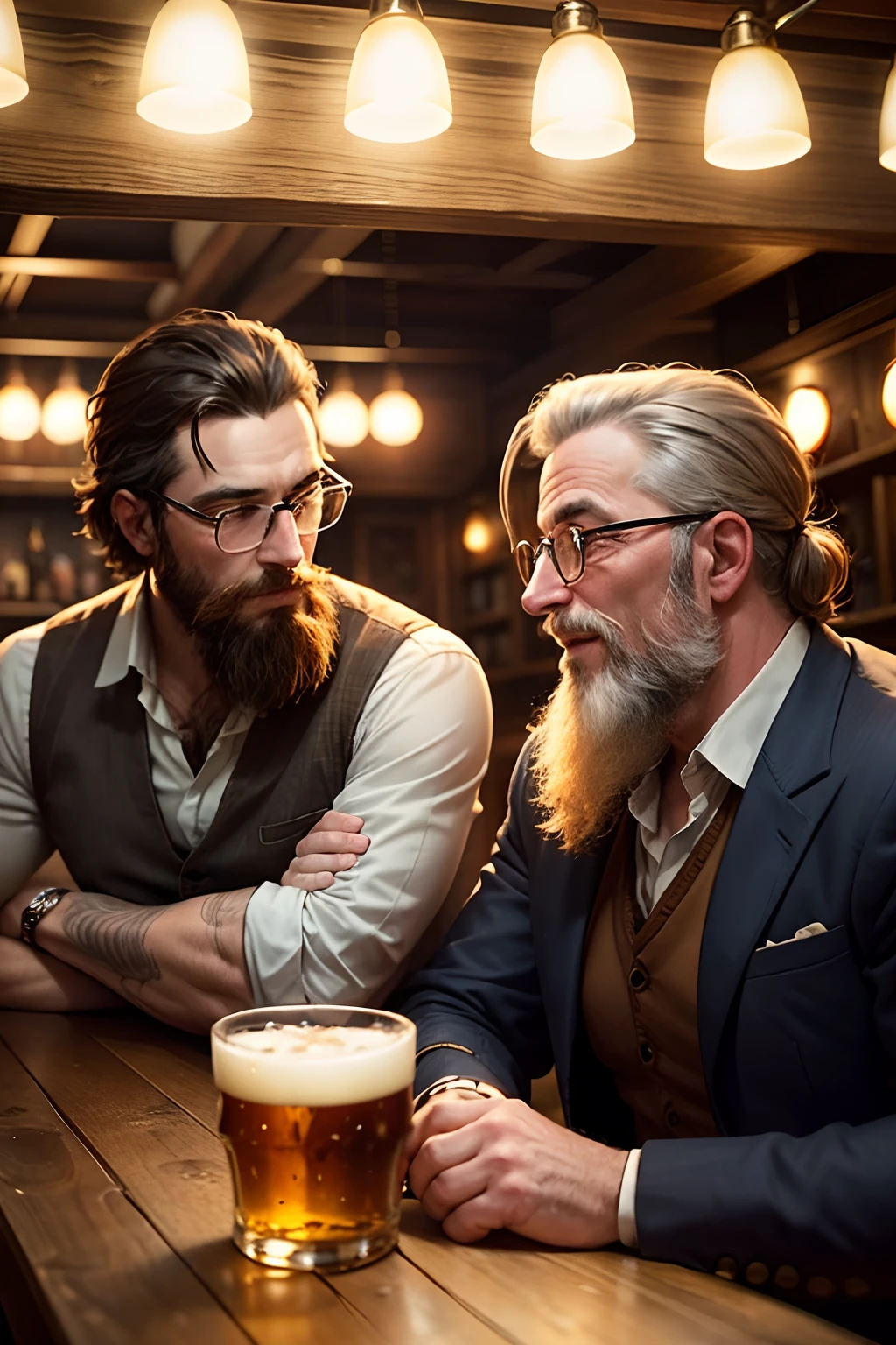 two men talking in a pub,dark rustic atmosphere,faded wooden tables,smoking area with dim lighting,reflections of beer glasses,golden hues,warm colored lights,bookshelves with antique books,old paintings on the walls,friendly bartender,stacks of beer barrels,beer taps,whiskey bottles on the shelves,dartboard in the corner,lively background chatter,muffled music playing in the background,laid-back vibe,bar stools,crackling fireplace,clinking of glasses,loud laughter,slightly tipsy men,brewery smell in the air,friendly banter,gentlemanly attire,unruly beards,different languages spoken,eager gestures,nostalgic ambience,midnight closing time,friendship bonds,shared stories,animated conversations.