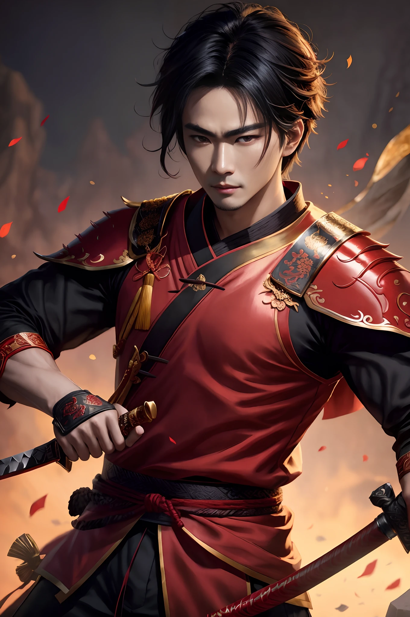 arafed image of a man in a red and black outfit holding a sword, by Yang J, handsome guy in demon slayer art, xianxia hero, chengwei pan on artstation, yanjun chengt, inspired by Zhang Wo, inspired by Yang Jin, inspired by Zhu Derun, by Liang Kai, inspired by Zhao Yuan