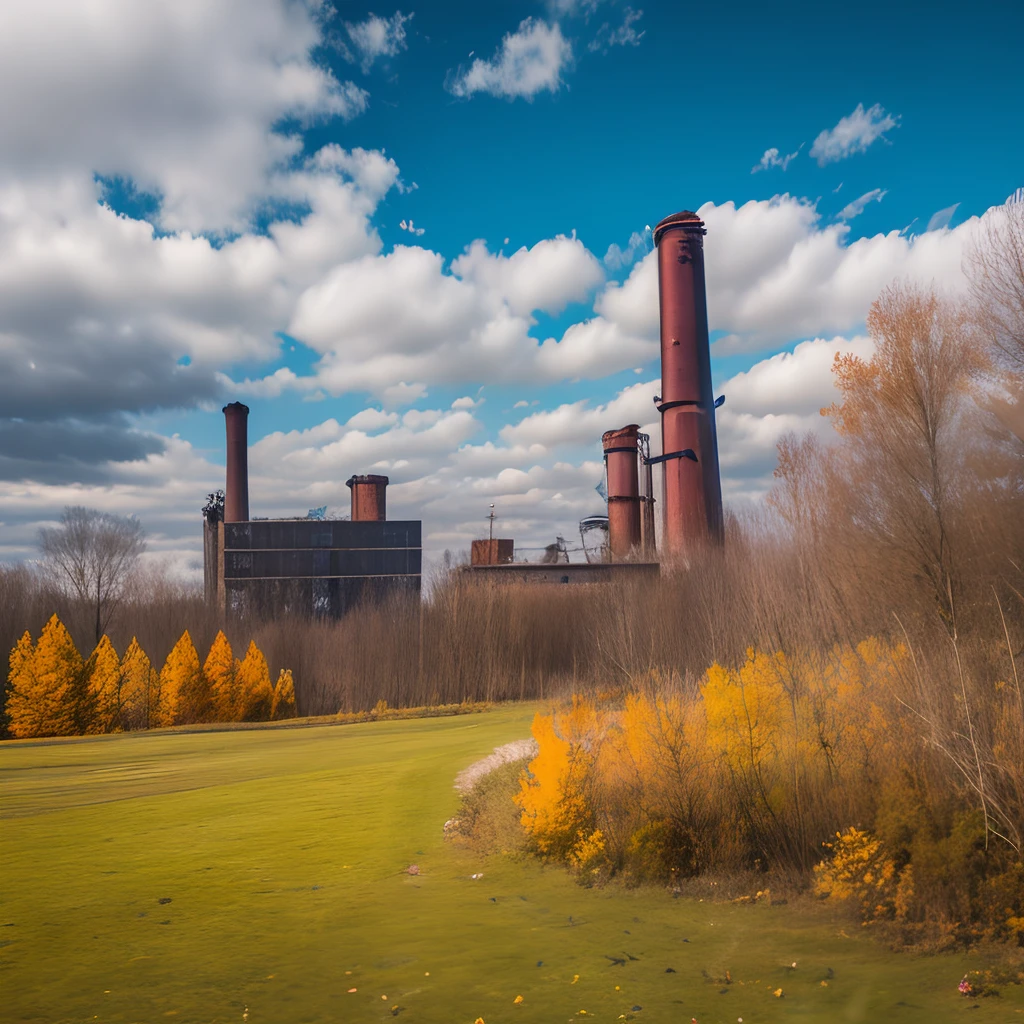 Old factory, Abandoned factory, autumn, withered grass, Clear skies, cirrus clouds, Old trees, dense shrub, Broken glass, Garbage on the ground