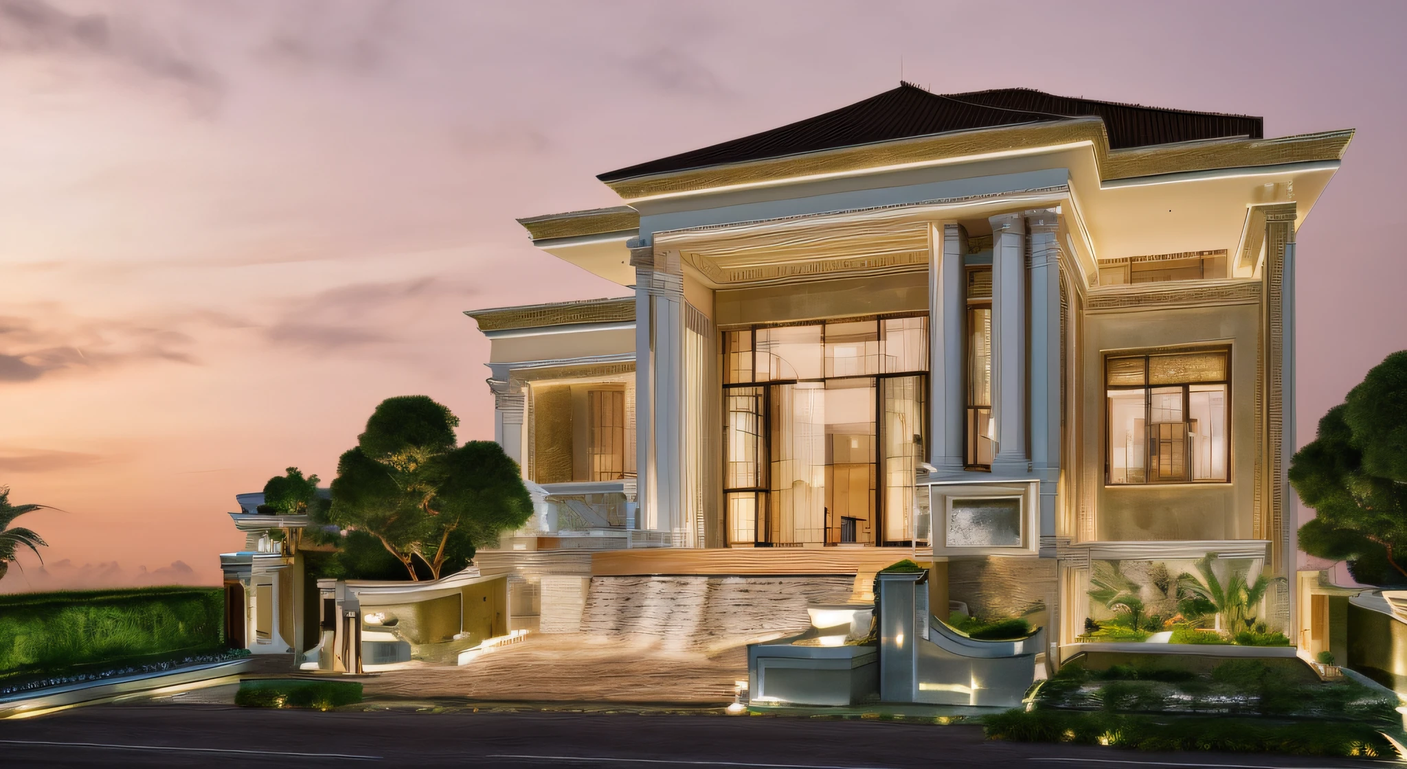 RAW photo, real, best quality, Neoclassic and luxurious villa inside a residential filled with green, scale, high details, sunset