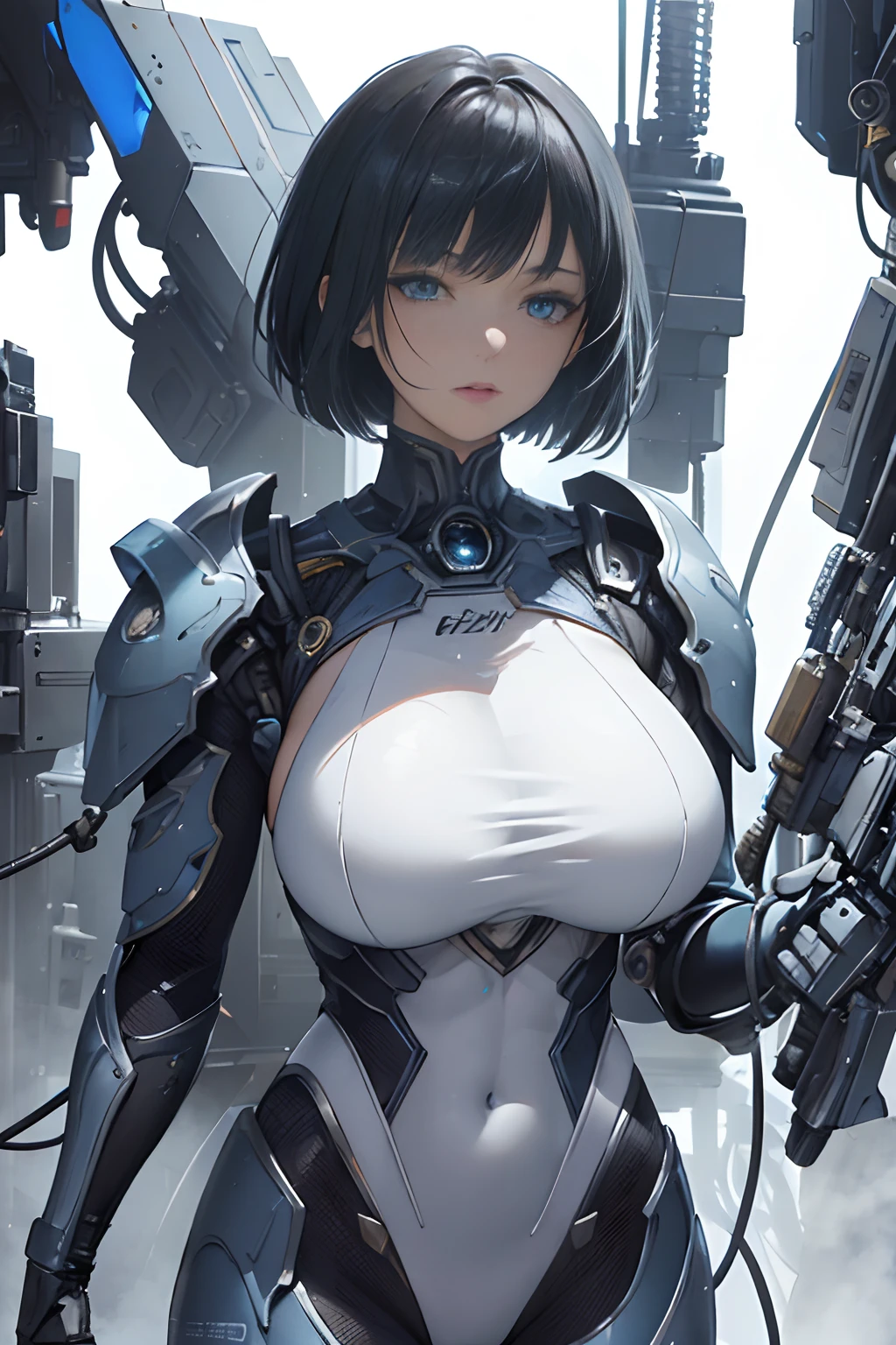 (masterpiece, Super detailed, best quality official art, beautiful and aesthetic:1.2),(extremely delicate and beautiful),(1girl:1.3),(black short hair,Bangs,bob),most detailed,(crop suit),(abs:1.1),(huge breasts:1.2),(super hero suit),(intricate scale armor,mecha suit),(cables and wires attaching to neck), cinematic light,white background:1.2,scale Detailing:1.4,Sharp eyes, (blue eyes:1.4),science fiction,blue aura,focus character