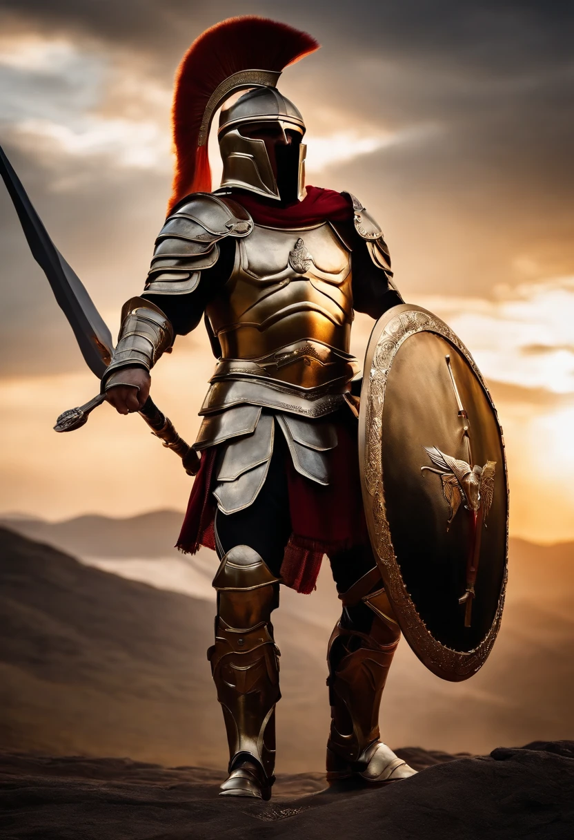 spartan warrior, fighting , stunning armor, black gold armor, epic, 8k