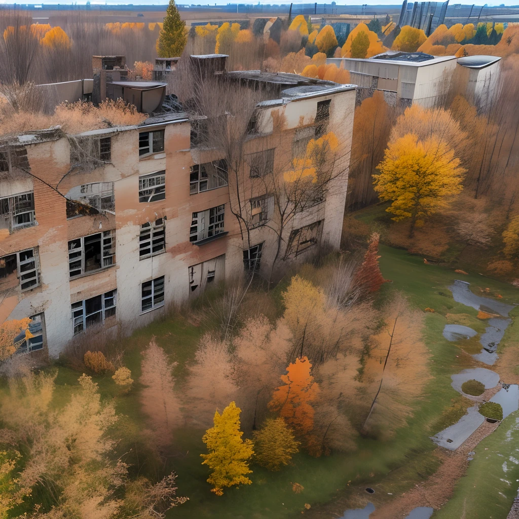 Old factory, Abandoned factory, autumn, withered grass, Clear skies, cirrus clouds, Old trees, dense shrub, Broken glass, Garbage on the ground, springtime, puddles, withered trees, A clear day, Blurry clouds