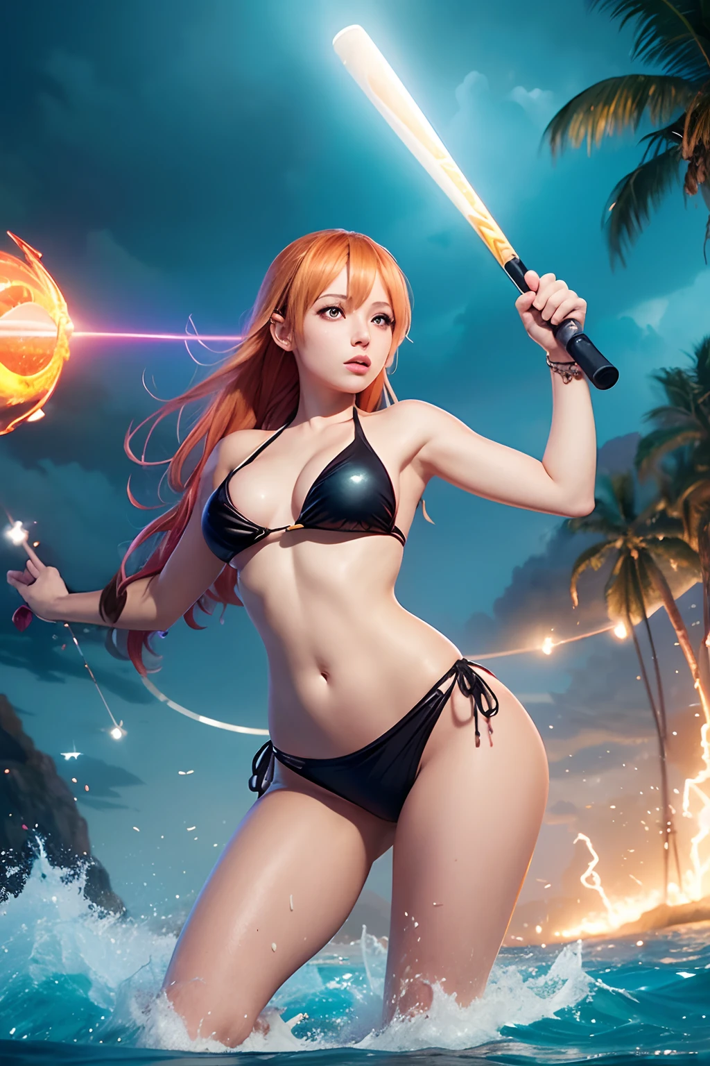 there is a woman in a bikini holding a baseball bat, nami from one piece, nami one piece, deviantart artstation cgscosiety, splashes of lightning behind her, epic digital art illustration, goddess of lightning, epic fantasy digital art style, epic fantasy digital art, 2. 5 d cgi anime fantasy artwork, mermaid cyborg with a laser whip