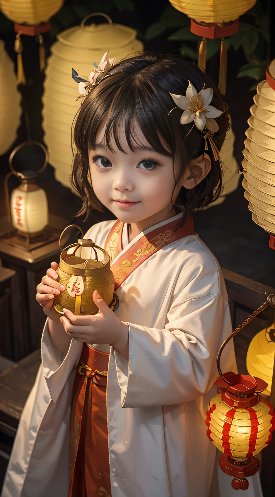 Close-up of a 3 in a robe,(((Chinese children))),(((Carrying a lantern in his hand))),half-body photo,Round little face,high quality portrait,Wearing a Chinese Hanfu robe,Cute girl, A humble smile, warm evening,Surrounded by lanterns,outside