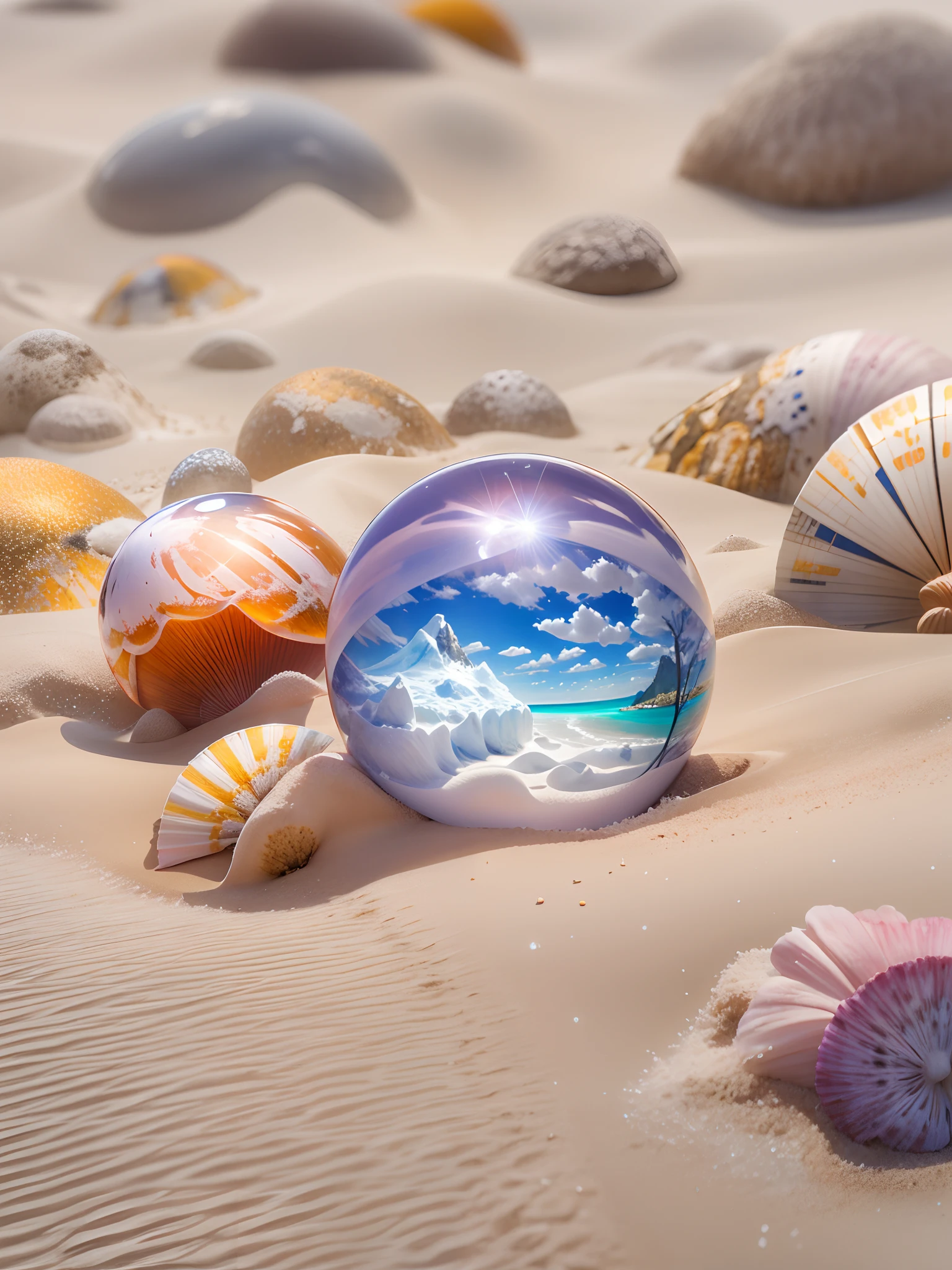 Ultra photo realsisim,16K High Resolution,(Maximum sharpening focus:1.3),(Maximum Close-up:1.5),(beach sand ,beach umbrella,Colorful shells,background),Huge environmental contrasts,(Huge snowy mountains trapped in a crystal-perfect ball,The base is on the table:1.9),(rios,A spectacle never seen before,Oyuki,snowflower,galactic:1.5),(The light from the back window is backlighted:1.3)