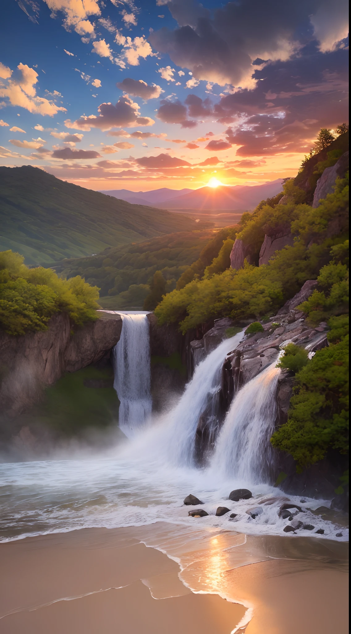 Landscape waterfall in mountains sunset image best quality, high quality, beautiful wallpaper deserted beach 8k extremely detailed, photography