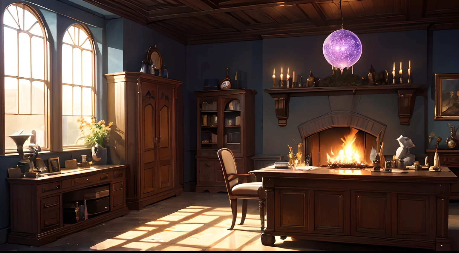 Frontal composition, normal angle, Magic Shop, interior scenes, witch theme (potion, broomstick, cauldron, spooky, dark room) , Glowing goods, Settlement desk, A table where items are kept, Magic potion, Magic Book, (There is a large pot on the furnace in a dimly lit room., A purple mushy liquid bubbles up inside the pot.), (Water vapor is rising from the pot), (a suspiciously glowing spellbook opens and floats in the air.), The walls of the room are decorated with stuffed goat necks, A crystal ball is enshrined on the desk in the back., Celtic letters shine brightly in the air., masterpiece, ultra detailed, (best illumination, best shadow, an extremely delicate and beautiful), floating, high saturation, professional photoshoot, god rays