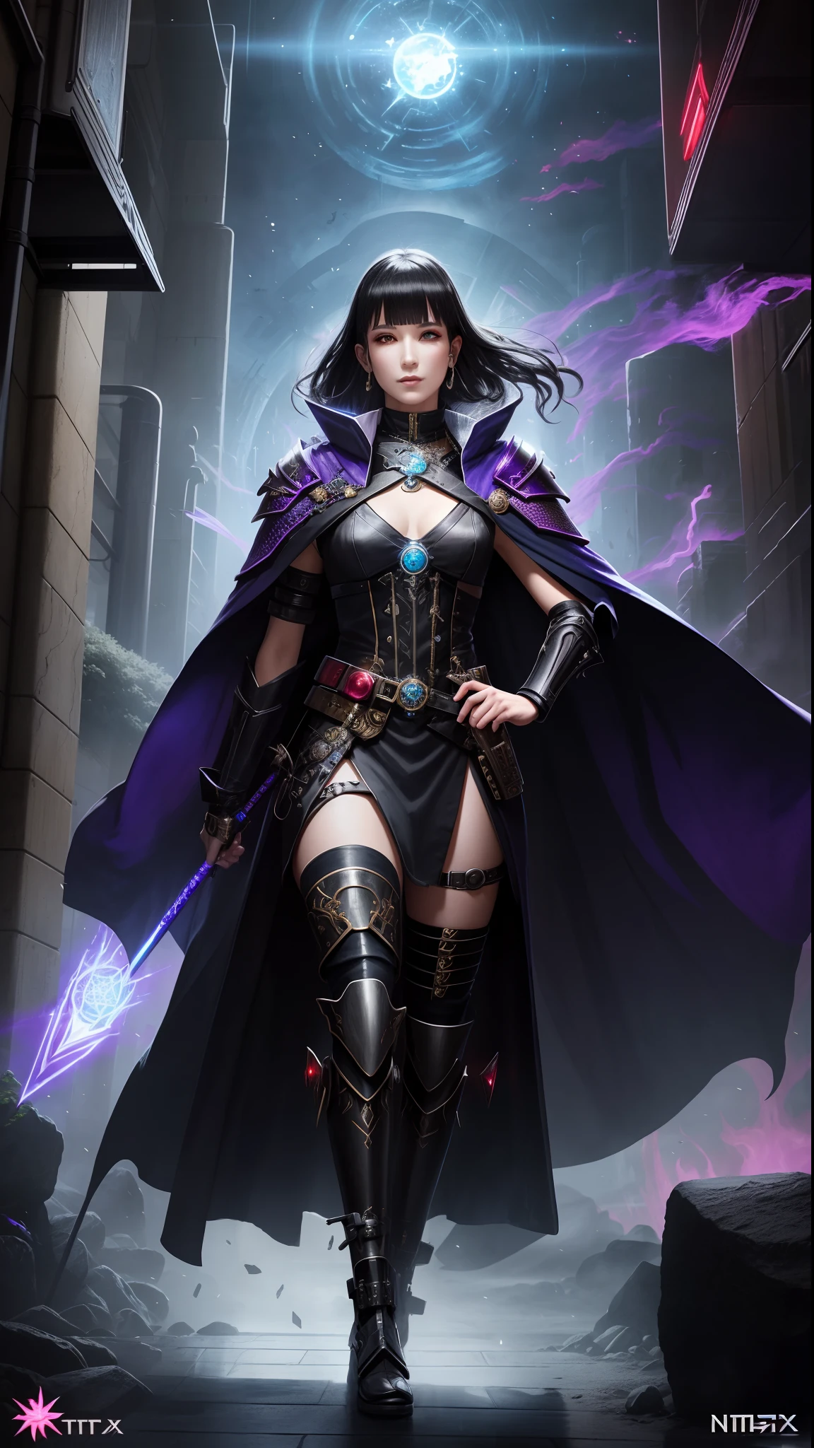 nijistyle,rfktr_technotrex,cyberpunk (sorceress:1.2) casting spells wearing armor, robes, cape, blend fantasy and science fiction together, techno-mancer inspired by D&D, Shadowrun, forgotten realms, wizards of the sword coast, fantasy flight,fcPortrait