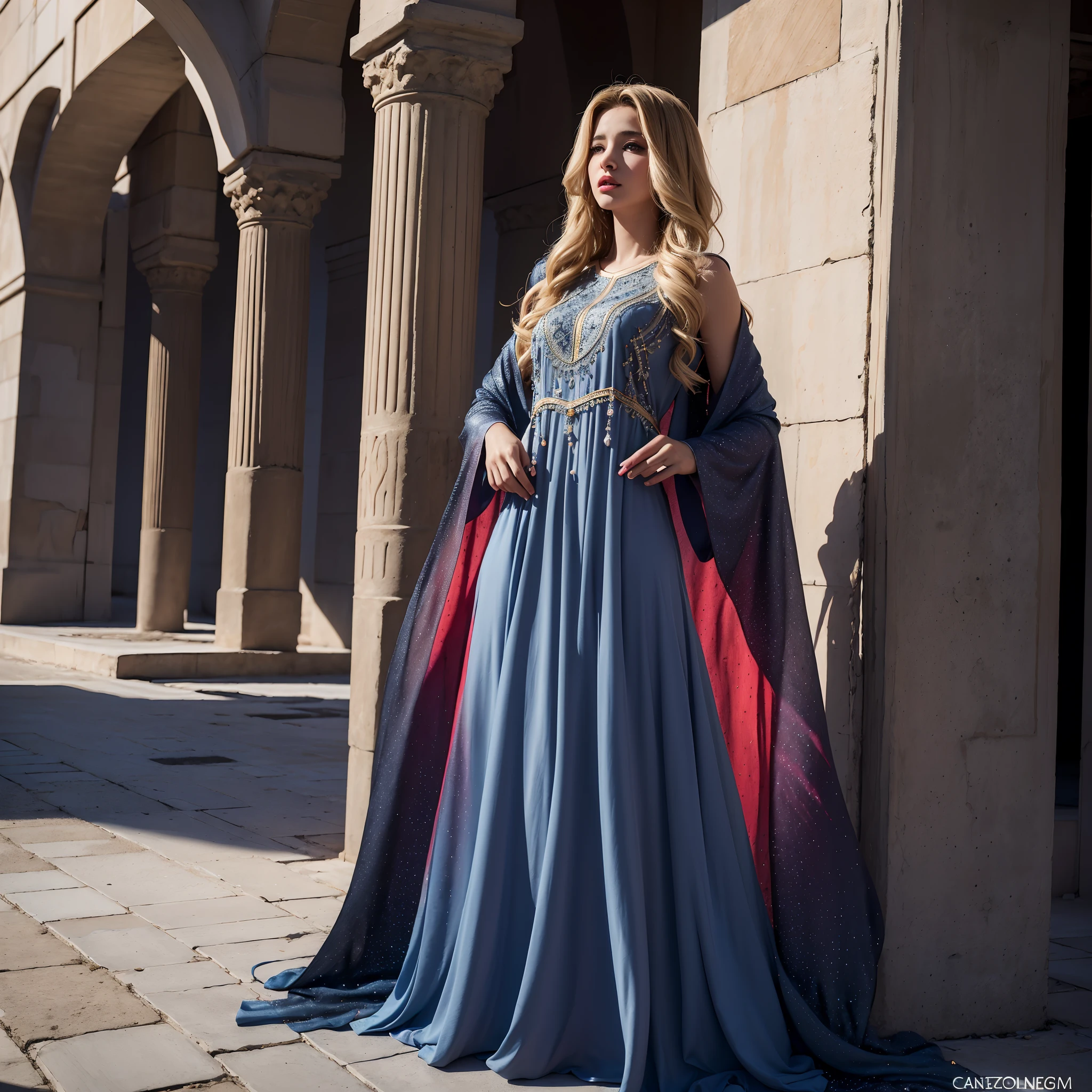 Best quality, Masterpiece, ultra highres, (photoreallistic:1.4), Photo brute, 1fille, cheveux blonds, yeux bleus, Detailed eyes and face, costume noir, dinamic lighting, Dans le noir, ombre profonde, Wear a respectable Moroccan caftan different types of design colors outfit caftan blue and red full cover whole body Islamic caftan portrait zoom full caftan outfit