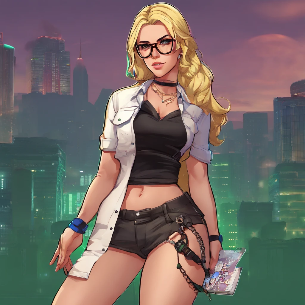 Видеоигра Action Taimanin, character Emily Simmons, White and black outfit, wears transparent square glasses, European race, Green eyes, hyper detailed, A good artist, good anatomy, blonde with a long braid, white shoes, Black details on the hips, intricate details, Cutesexyrobutts, Mechanized Girl, Android Heroine, full body zenkai! full - body, 8K, hyper realistic, beste-Qualit