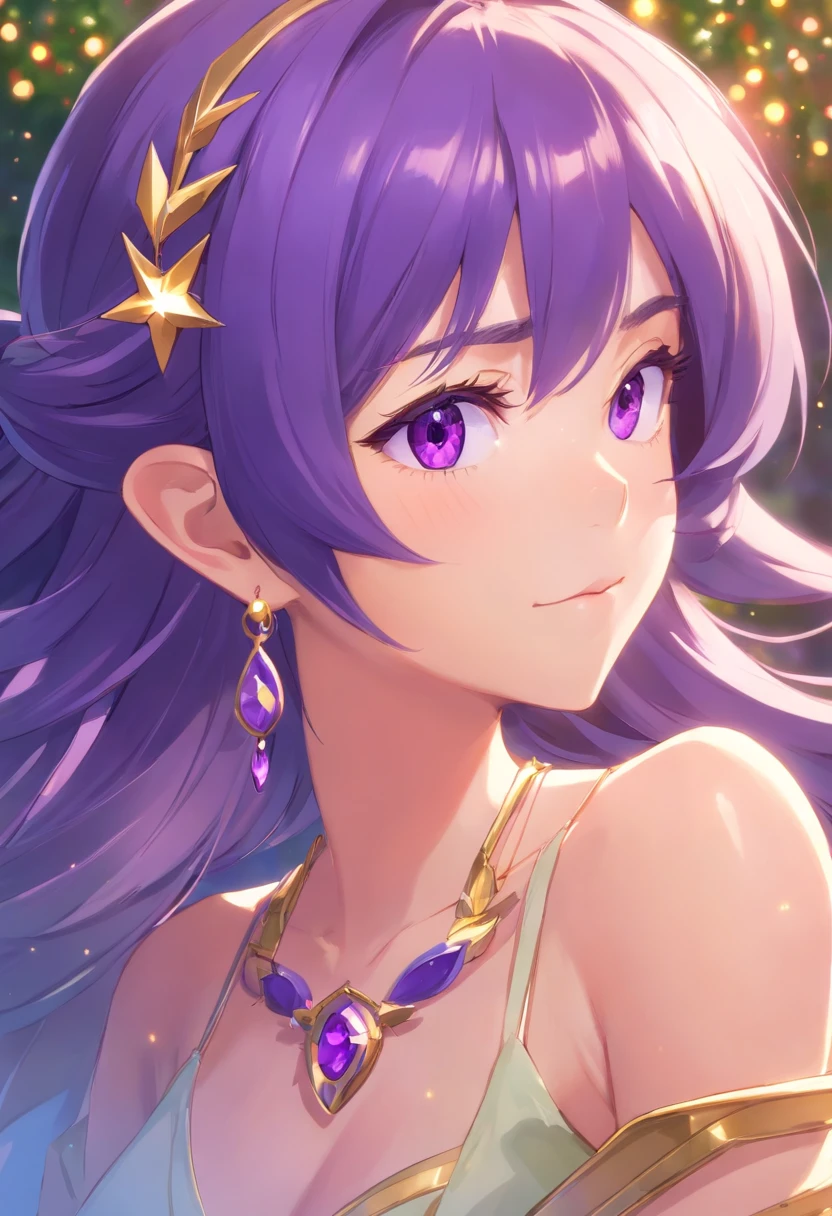 Purple eye,cyanhair,Lazy expression,Western fantasy,Magical fantasy,the elf,Tall and tall,Beautiful breasts,detail in face,Golden millennium jewelry