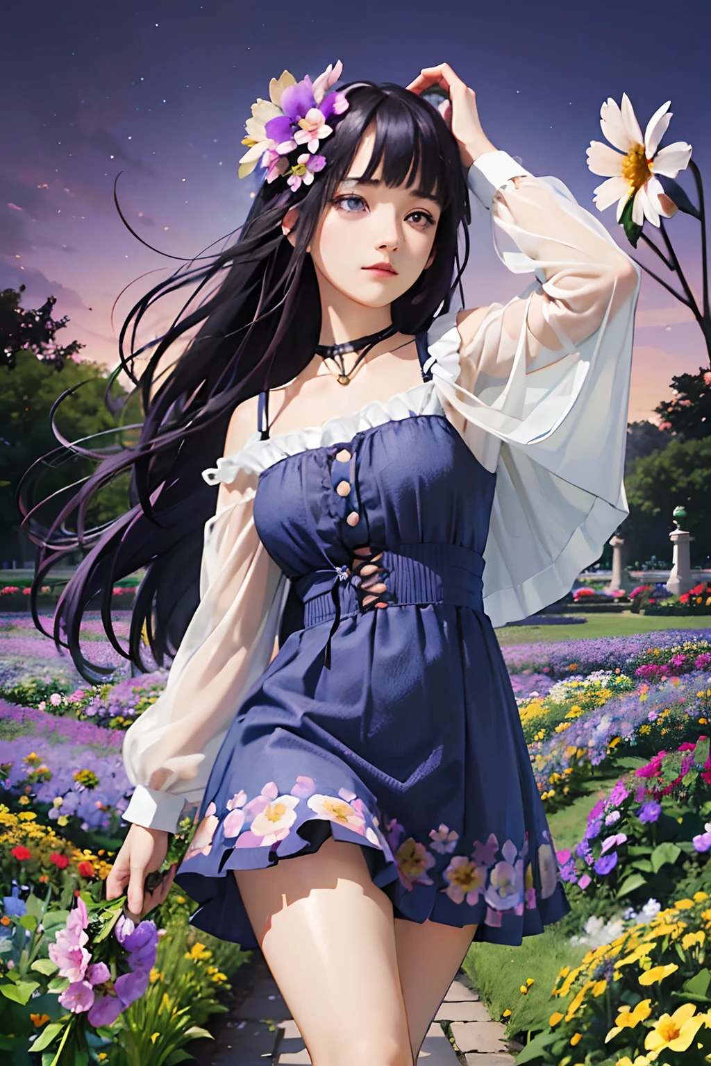 absurderes, hight resolution, (Official art, Beautiful and aesthetic:1.2), (Close View:1.2), Front composition,
1girl in, (Long hair:1.2), dark blue hair, Wavy Hair, Blunt Bangs, purple eyes,
(Everywhere in the flower garden:1.6), (Flower Effects:1.2), (Floral background:1.2), (Background filled with flowers:1.4), (Fancy backgrounds:1.1)、(a miniskirt、light skinned、kawaii)