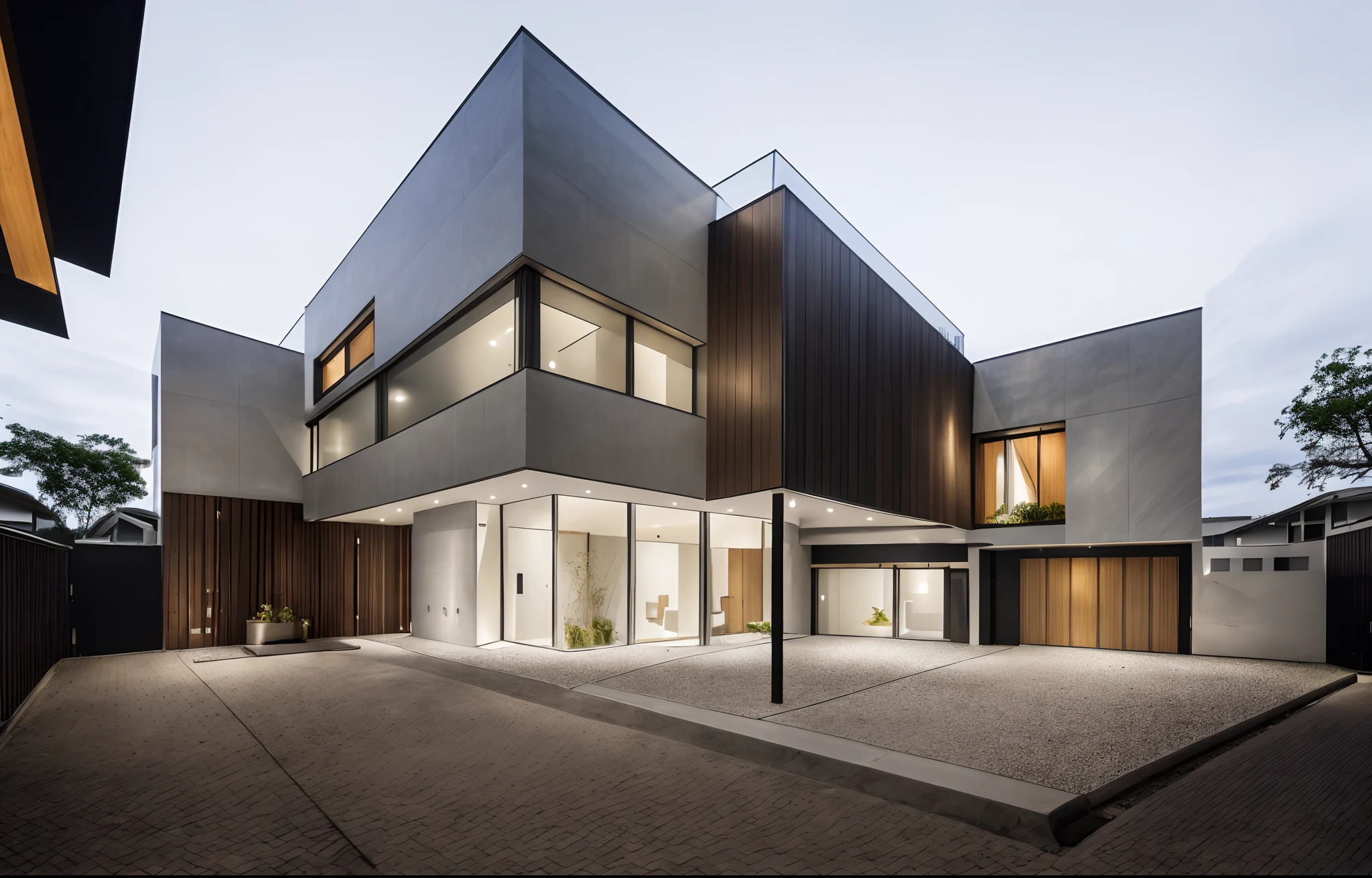 a view of a modern home with a large front yard, main material by white wall and stone and wood,  1 road runs in front of the house,  (RAW photo, real, best quality, masterpiece:1.2), look morden minimalist, 1 road in front of the house, shime ring light, light brighteness from indoor:1.2, dynamic lighting:1.3, (hyper realistic, photo-realistic:1.2), high quality, day lighht, hight contrast :0.5 perfect lighting, archdaily,  award winning contemporary, contemporary masterpiece, well-designed masterpiece, large modern residence, neotraditional modern, wide angle exterior 2022, midcentury modern, contemporary house, hip modern vibe, a long-shot from front, award winning modern design, stunning lines, residential, subtle detailing