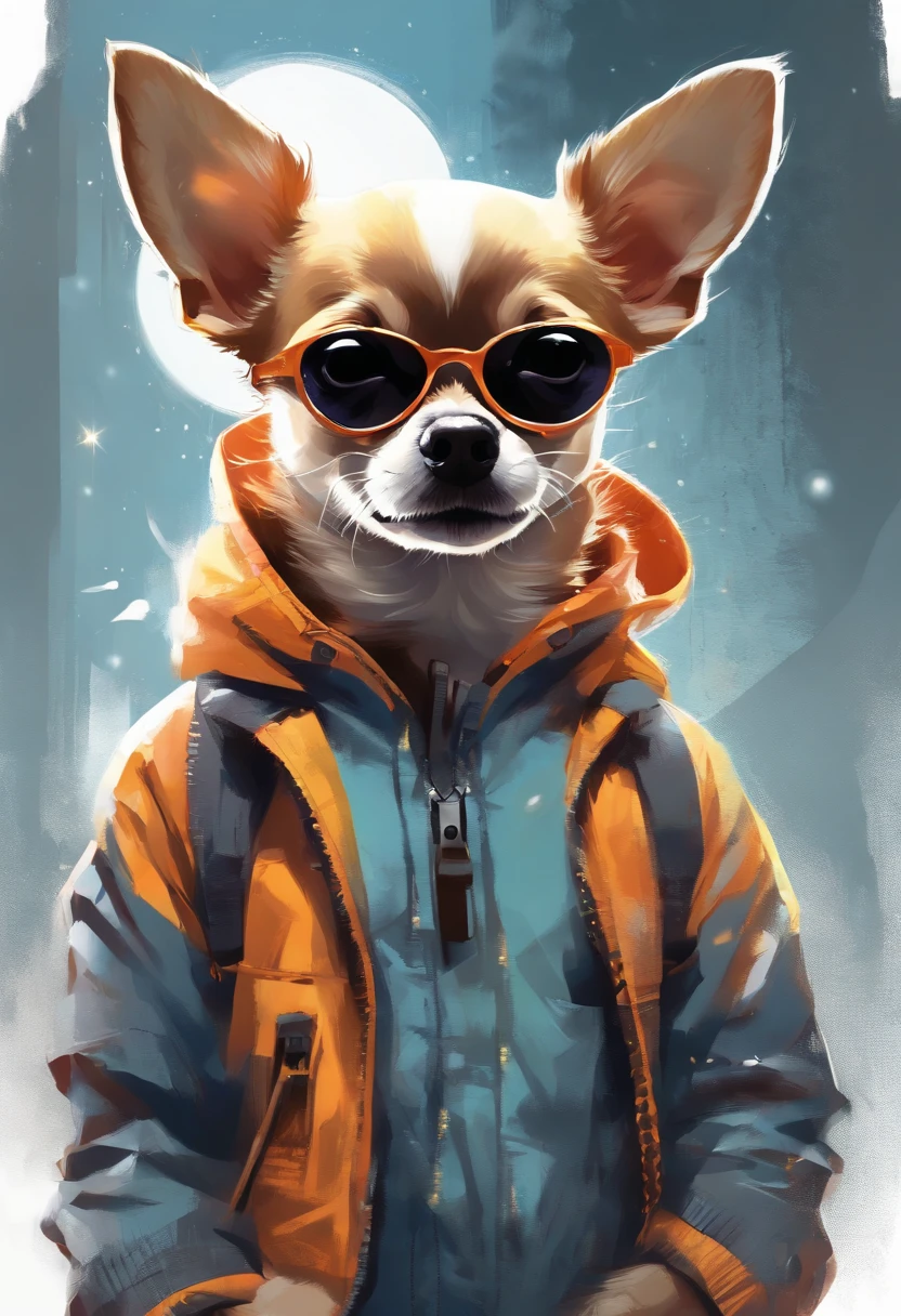 Perfect centering arrangement, Cute Chihuahua all over, Wear a student jacket, Wear sunglasses, Wearing headphones, Standing position, abstract beauty, centered, looking at the camera, facing camera, Approaching perfection, dynamic, moon light, high-detail, digital painting, art station, Concept Art, smooth, crisp focus, 10, high-res, illustration, Art by Carne Griffiths and Wadim Kashin, White background