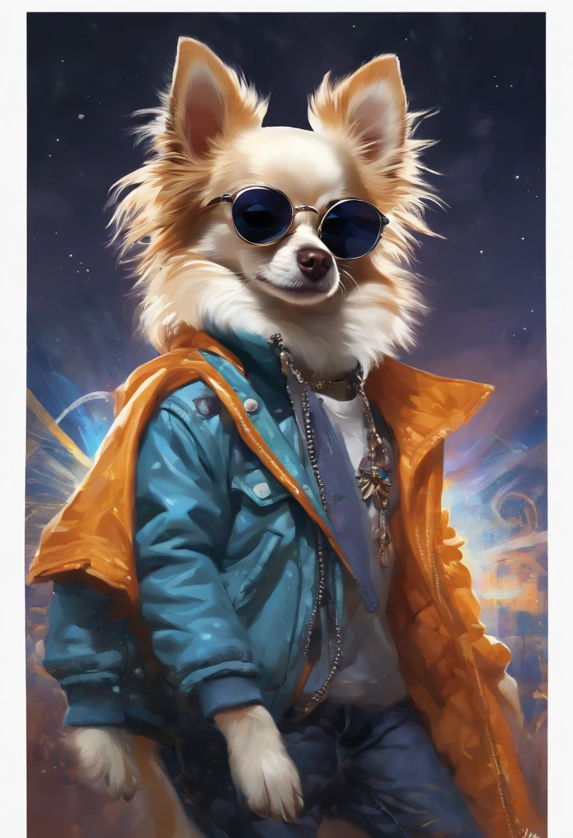 Perfect centering arrangement, Cute Chihuahua all over, Wear a student jacket, Wear sunglasses, Wearing headphones, Standing position, abstract beauty, centered, looking at the camera, facing camera, Approaching perfection, dynamic, moon light, high-detail, digital painting, art station, Concept Art, smooth, crisp focus, 10, high-res, illustration, Art by Carne Griffiths and Wadim Kashin, White background