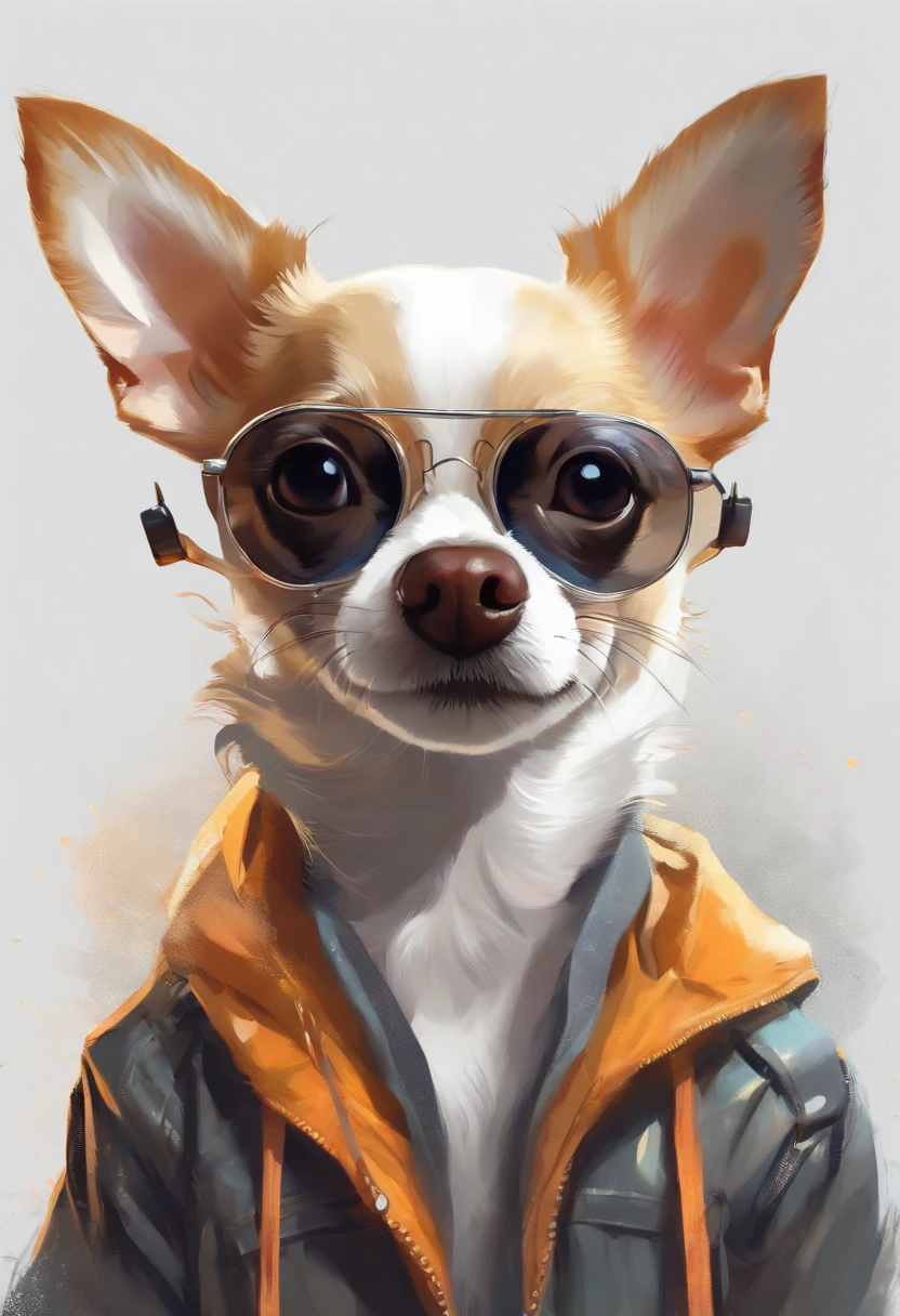Perfect centering arrangement, Cute Chihuahua all over, Wear a student jacket, Wear sunglasses, Wearing headphones, Standing position, abstract beauty, centered, looking at the camera, facing camera, Approaching perfection, dynamic, moon light, high-detail, digital painting, art station, Concept Art, smooth, crisp focus, 10, high-res, illustration, Art by Carne Griffiths and Wadim Kashin, White background