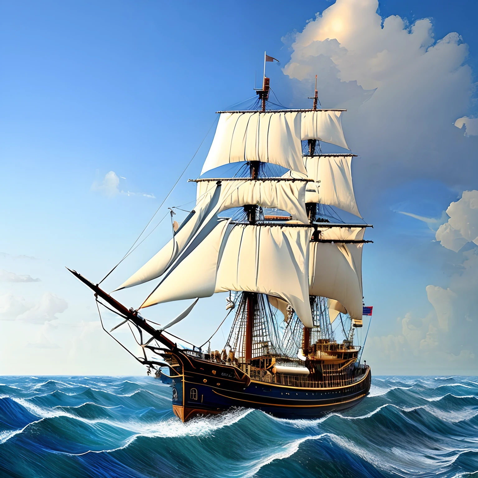 Best Quality, masuter piece, 超A high resolution, (Photorealistic:1.4), Raw photo, Professional Lighting, high-level image quality, high-detail, ​masterpiece、Mare、the ocean、Sunnyday、Pirate Ship、Sail ships、view from front、blue-sky