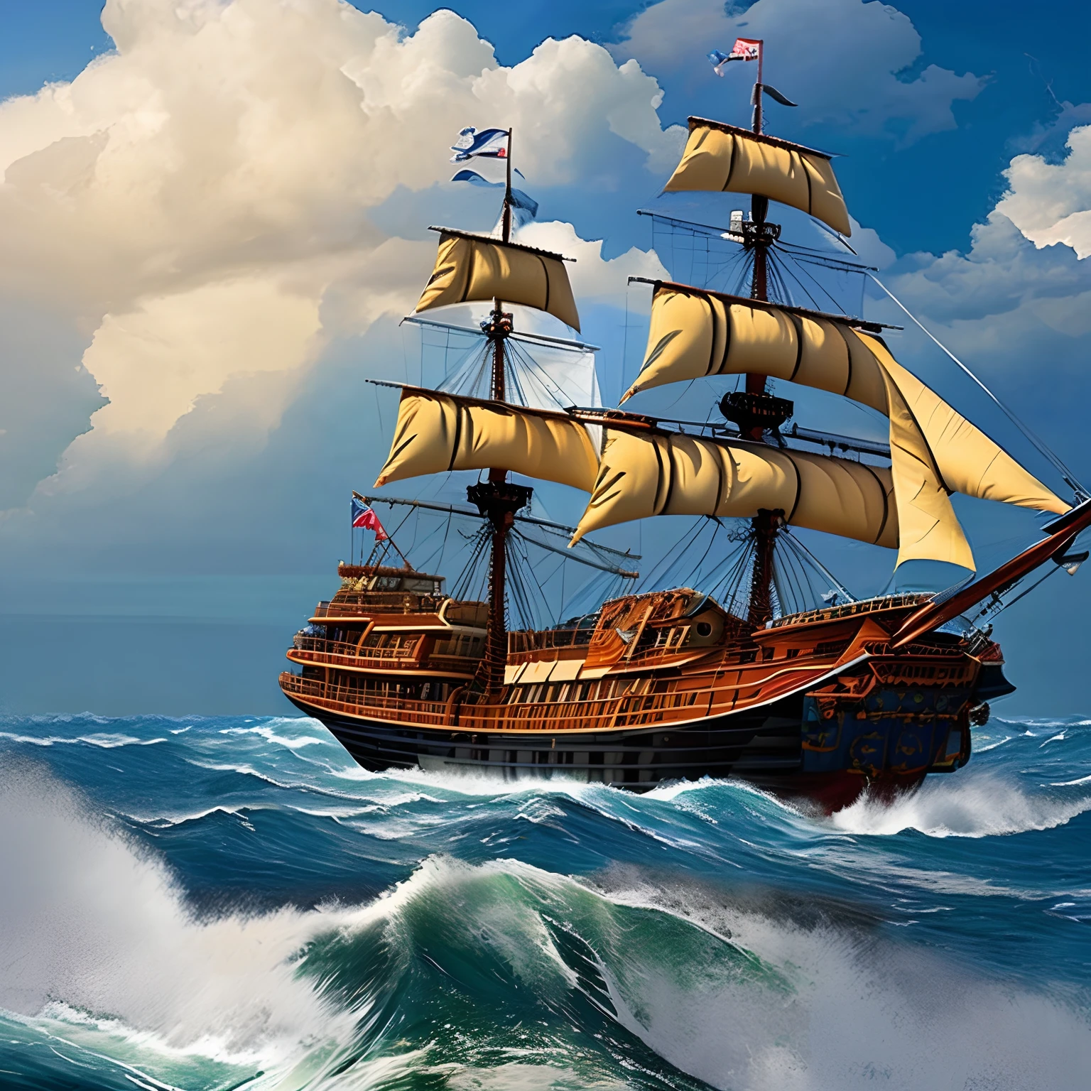 Best Quality, masuter piece, 超A high resolution, (Photorealistic:1.4), Raw photo, Professional Lighting, high-level image quality, high-detail, ​masterpiece、Mare、the ocean、Sunnyday、Pirate Ship、Sail ships、view from front、blue-sky