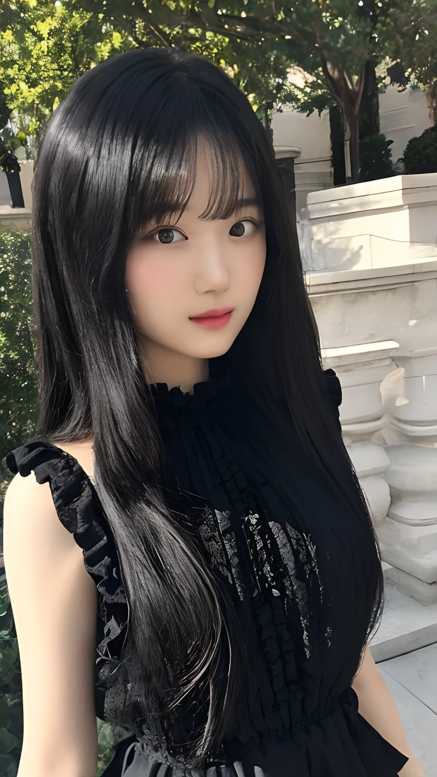 masterpiece, best quality, looking at viewer, long hair, outdoors, (wavy hair:0.7), 
black theme, frills,