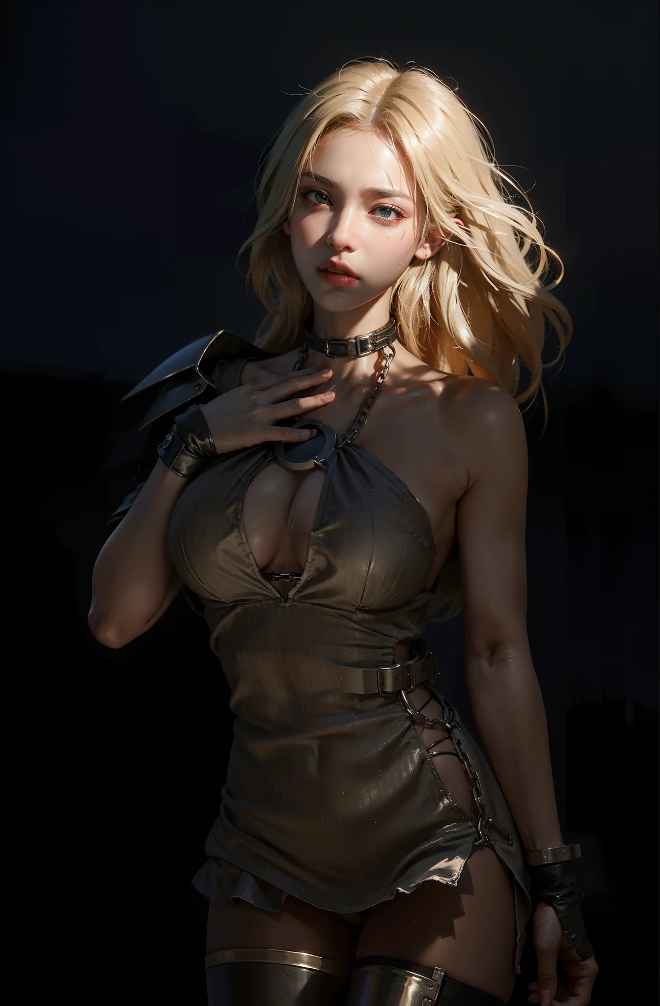 ,((Wearing a torn sheer costume of a superheroine)),(, No bra)), Wet crotch, Wet thighs, Beautiful girl with accentuated slender abs: 1.4, (((nipple tips protruding, areola is protruding, The shape of the pubic region is clearly visible)), sixpack abs: 1.4, Bust Botox, Photo, Sharpness, Unique 850 4, Koda850 k portrait camera, F1.6 shots, Ultra-realistic textures, Spectacular light textures, Cinestil 800 Fashion Mechanics, (futuristic sci-fi battle fashion: 1.1), (tied perfectly by chain), Restraint, Slaves, collars, ((wide prison with sunlight)), Dark fantasy, Realistic material details, extreme hight detail, Ultra-realistic materials ((Torn costume))), Wet, Cloudy, (Chained)), ((big emphasized by chains)), ((chains digging into crotch)), ( (Collar)), (, No bra), shredded costumes, broken golden shields and battle spears,, White combat gloves, Combat shoulder armor, Blood splattered on the face, Blood splattered, Realistic, (Bruises, Dirty, ripped clothing, skimpy clothing, Blood: 1.3), Torn Cape, Torn pantyhose, Long legs, ((iron pipe in the crotch)), Metallic shackles and fetters, ((chains hung from heaven)), Wet crotch is clearly visible, Swarovski's sword and the anatomy beneath his feet, (futuristic sci-fi battle fashion, Torn mesh stockings),