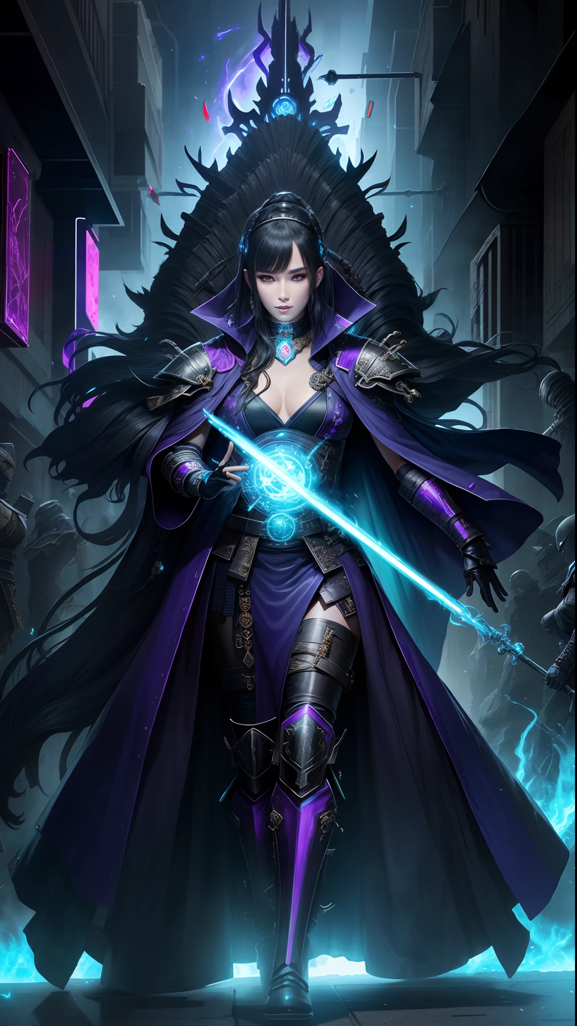 nijistyle,rfktr_technotrex,cyberpunk (sorceress:1.2) casting spells wearing armor, robes, cape, blend fantasy and science fiction together, techno-mancer inspired by D&D, Shadowrun, forgotten realms, wizards of the sword coast, fantasy flight,fcPortrait