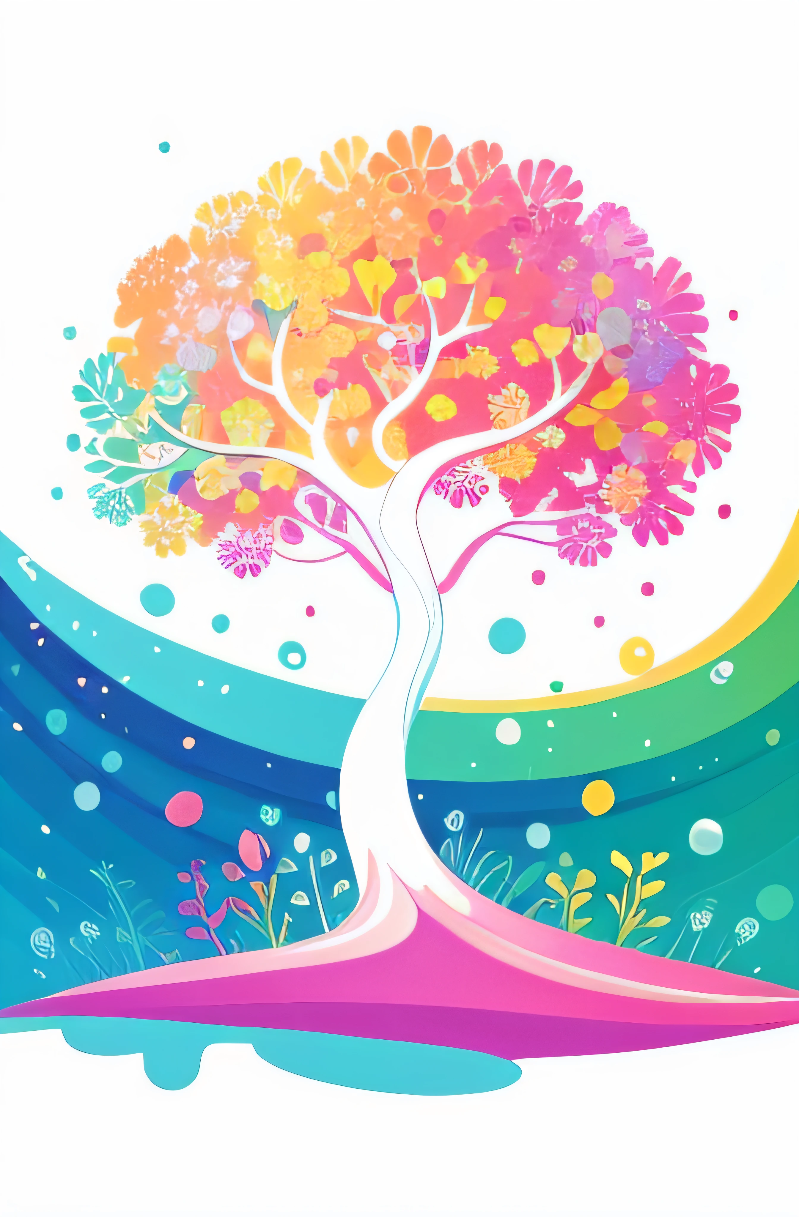 Vector art, Colorful doodle illustration, Cute Cartoon Tree, at centre, Bright colors, Splashes and stains on paint, adobe ilustrator, high detailing, white backgrounid