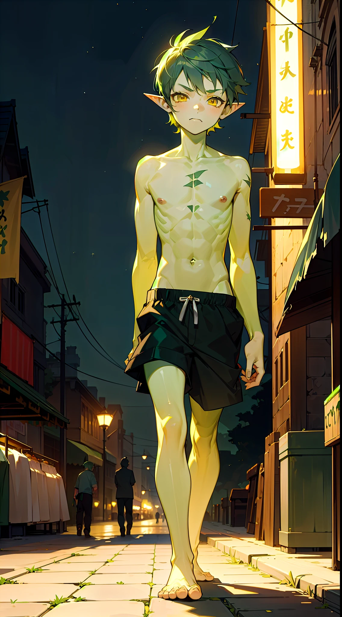 1boy,small,20 years old,(((green skin))), green hair,short hair,pointed ears,yellow eyes, sad face, bare foots,black shorts, walking on a market street at night,night sky