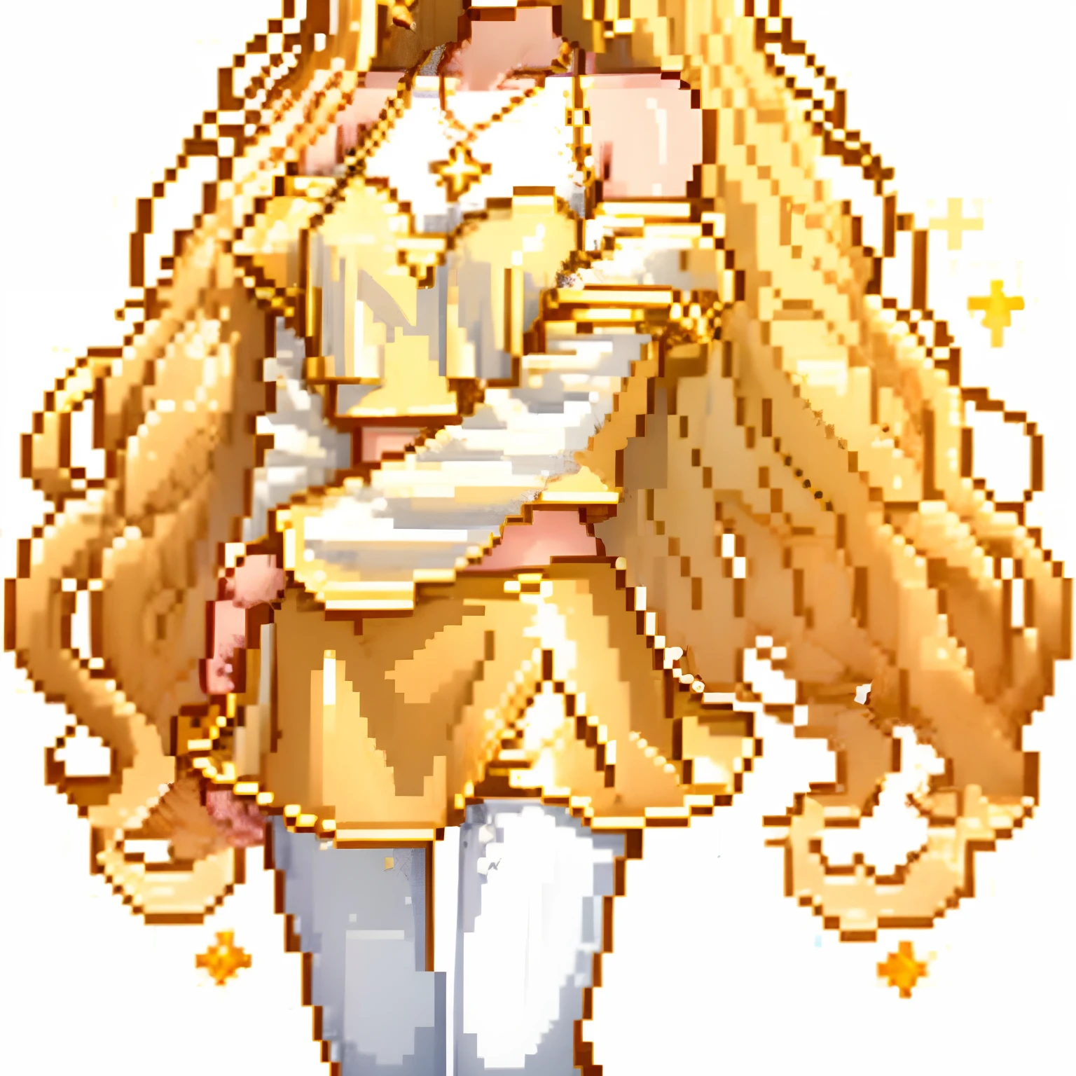 white background, full body from the neck down, 1 girl, long and wavy golden hair, long-sleeved white cropped top, star necklace, short gold skirt and white full pants, , extremely beautiful, elegant and determined